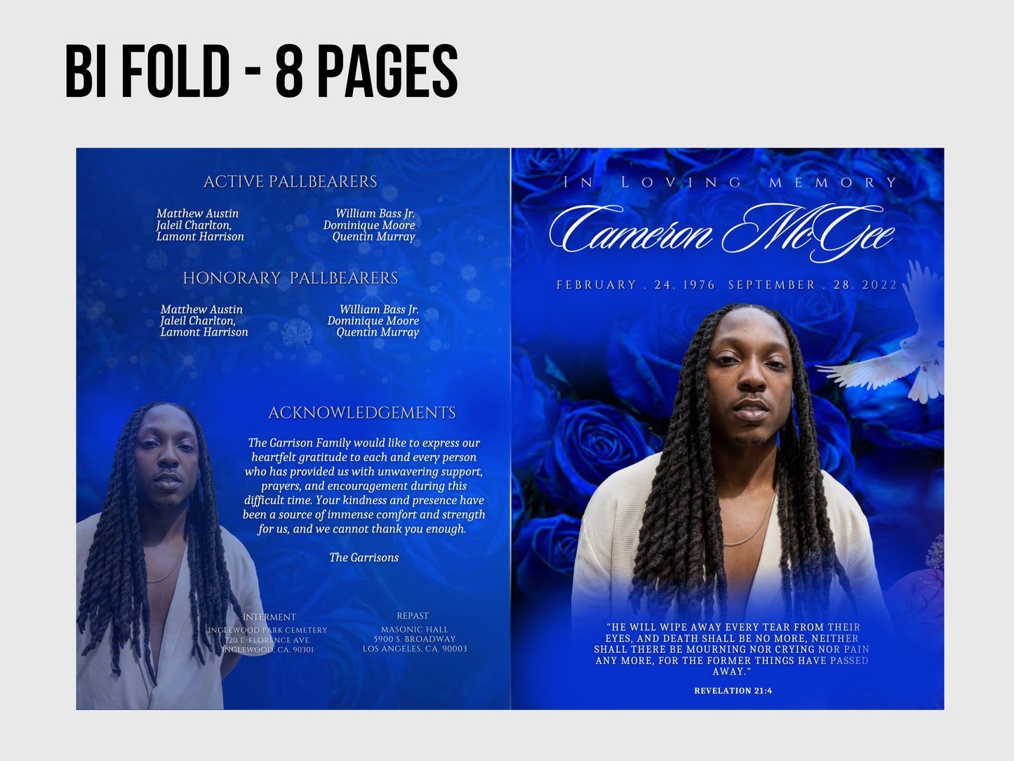 8.5"x11" BOOKLET Memorial program (8 pages) |Blue Funeral Program |Celebration of Life |Keepsake |Digital Download |Canva Template