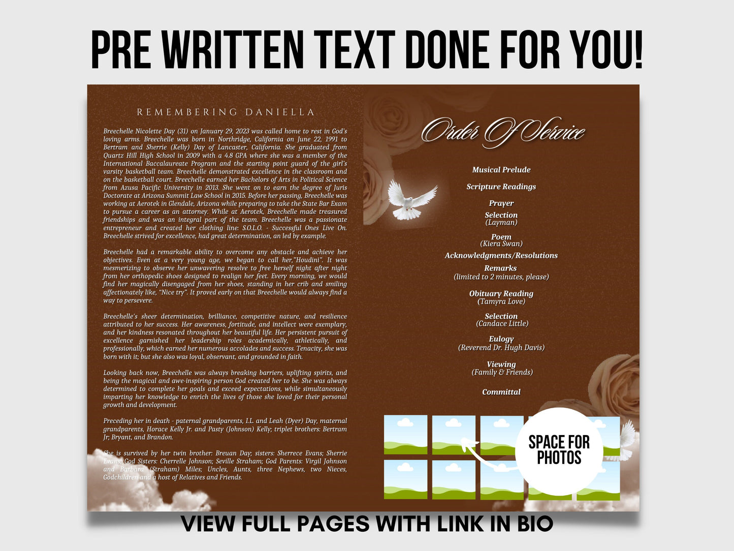 5.5"x8.5" BOOKLET Memorial program (4 pages)| GOLD  Style Funeral Program |Celebration of Life |Keepsake |Digital Download |Canva Template