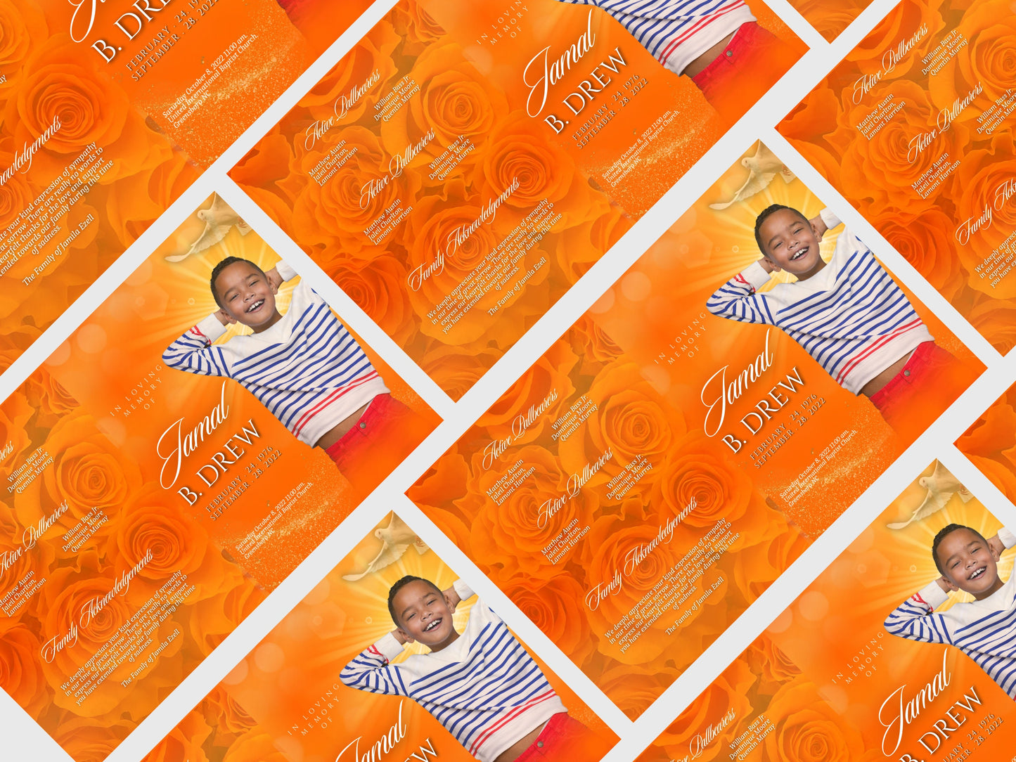 8.5"x11" BOOKLET Memorial program (4 pages)| Orange Style Funeral Program |Celebration of Life |Keepsake |Digital Download |Canva Template