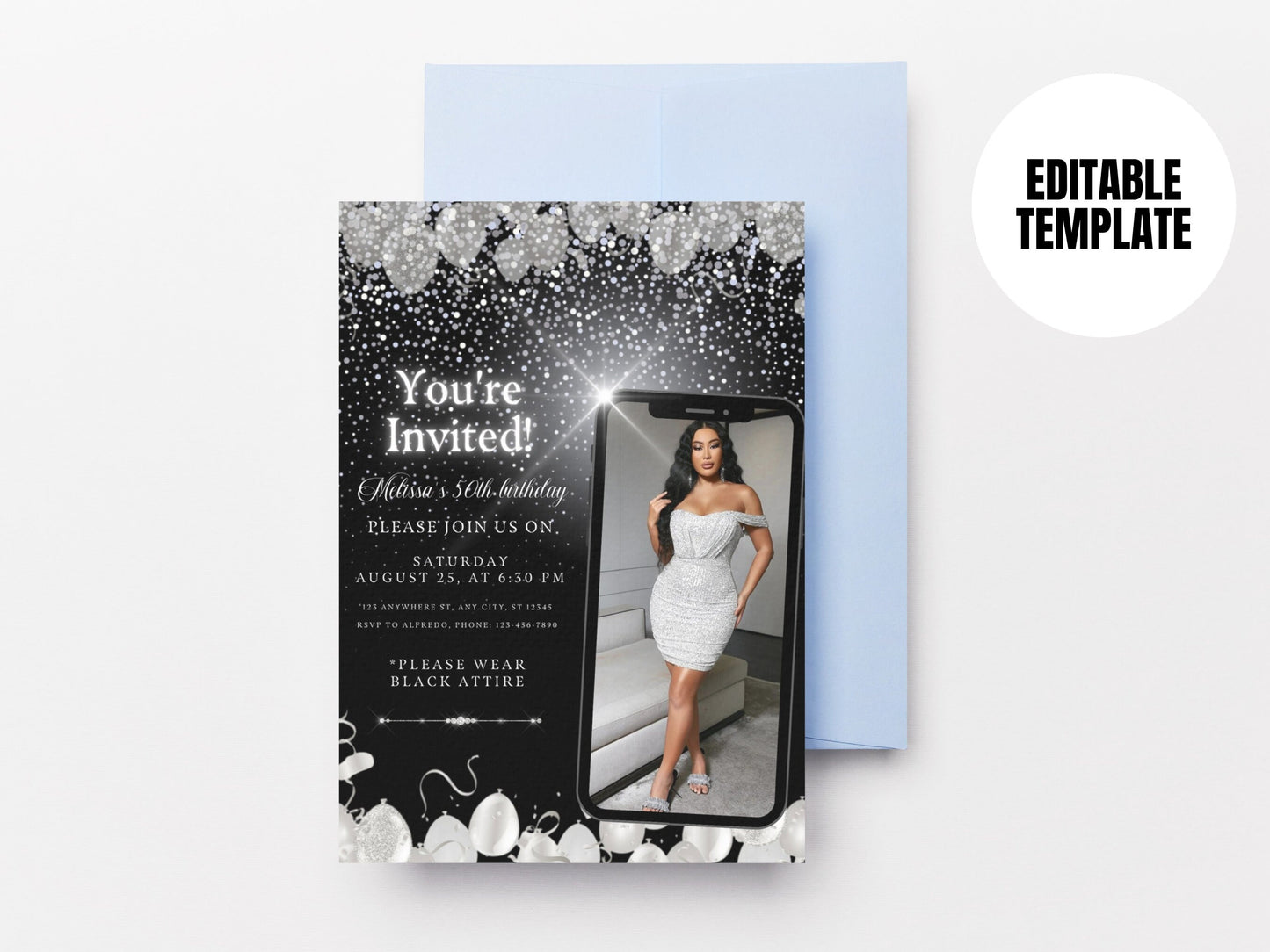 5"x7" Blinged Out Birthday Celebration Flyer| Template | DIY Bday party invitation template | Editable Canva Flyer | Silver bday flyer