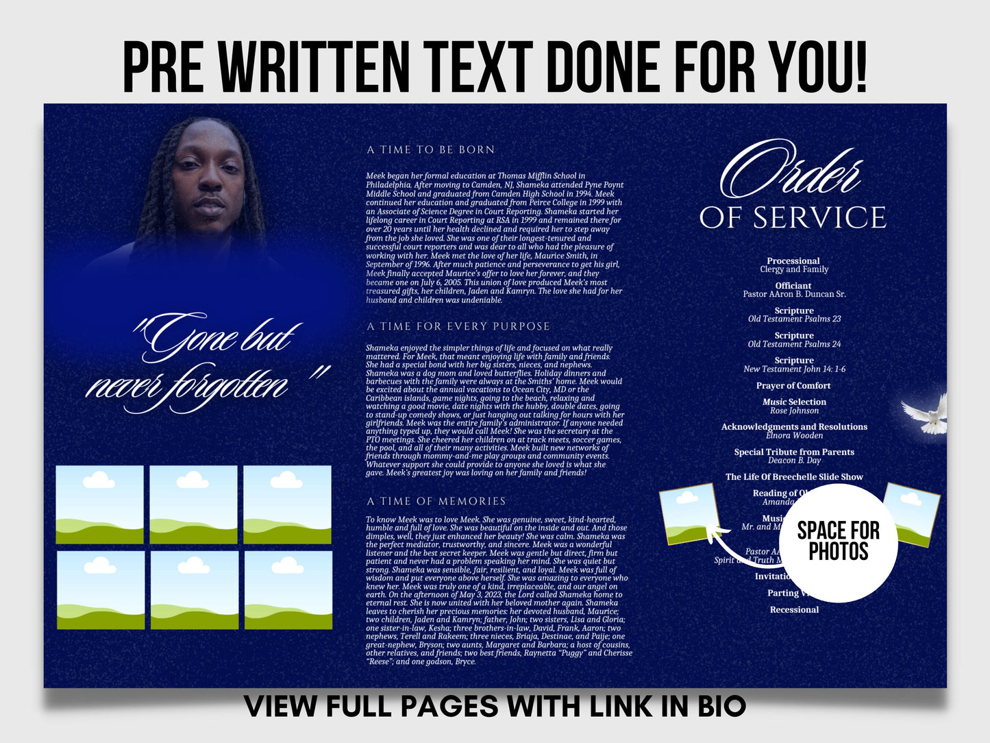 17"x11" FUNERAL OBITUARY TEMPLATE (2 pages) |Blue Rose Funeral Program | Celebration of Life |Classy Obituary |Canva Template