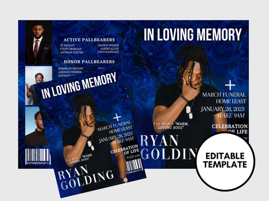 8.5"x11" BOOKLET Memorial program (4 pages)| BLUE GALAXY Style Funeral Program |Celebration of Life  |Digital Download |Canva Template