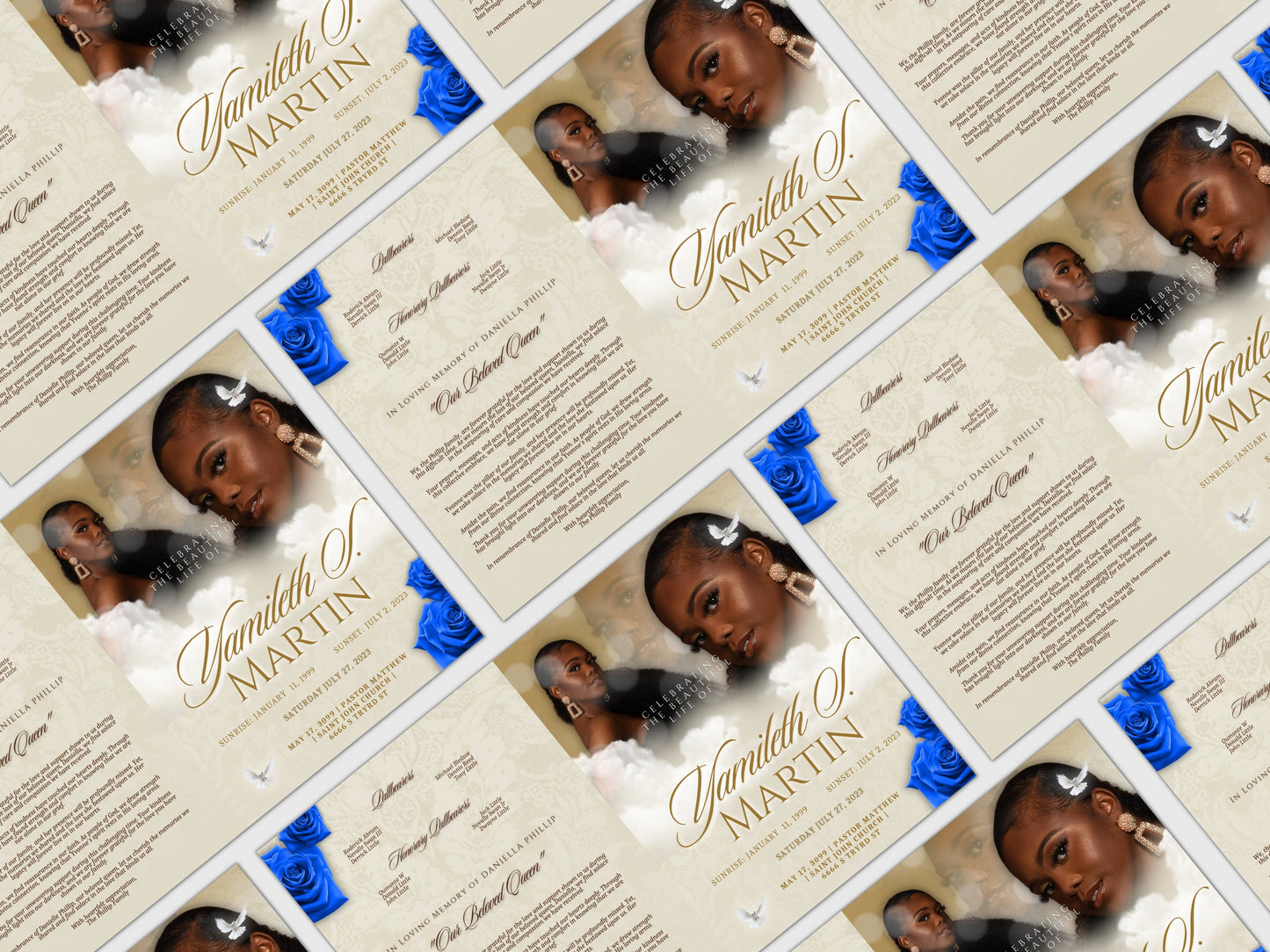 8.5"x11" BOOKLET Memorial program (4 pages)| CREME with pop of BLUE Style Funeral Program |Digital Download |Celebration of life