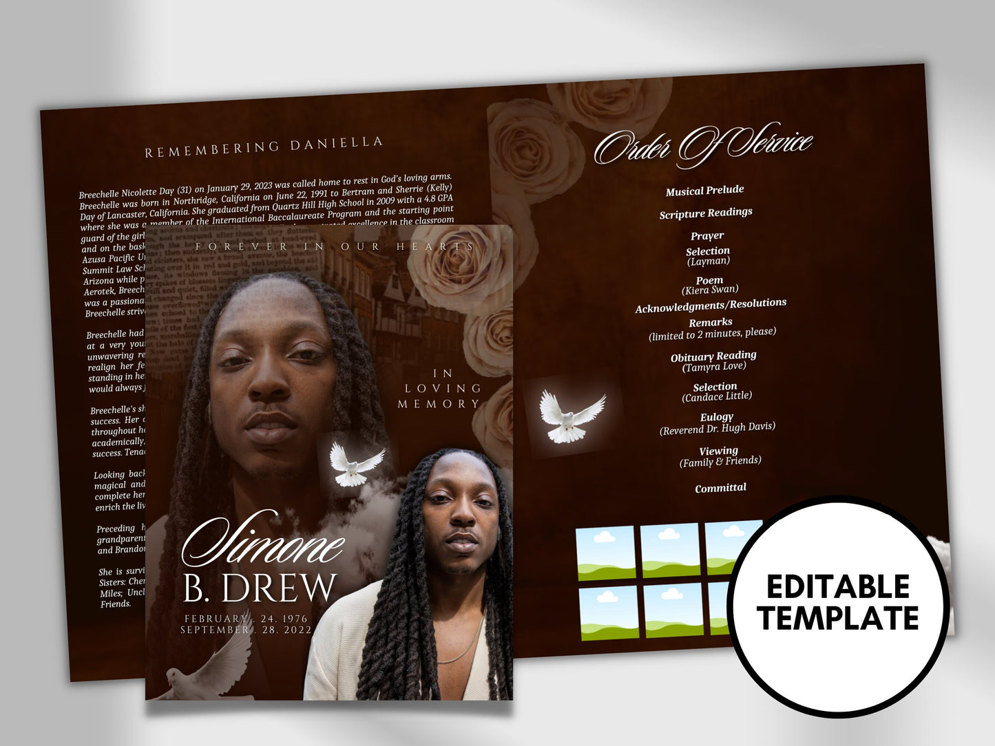 8.5"x11" BOOKLET Memorial program (4 pages)| Brown Gold Style Funeral Program |Digital Download |Celebration of life