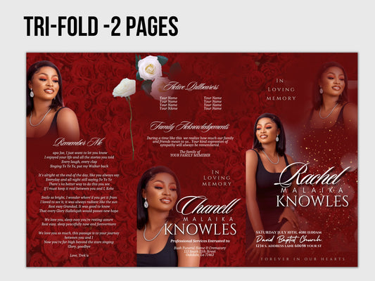 17"x11" FUNERAL OBITUARY TEMPLATE (2 pages) |Elegant Style Funeral Program | Celebration of Life |Women Red Rose Obituary |Canva Template
