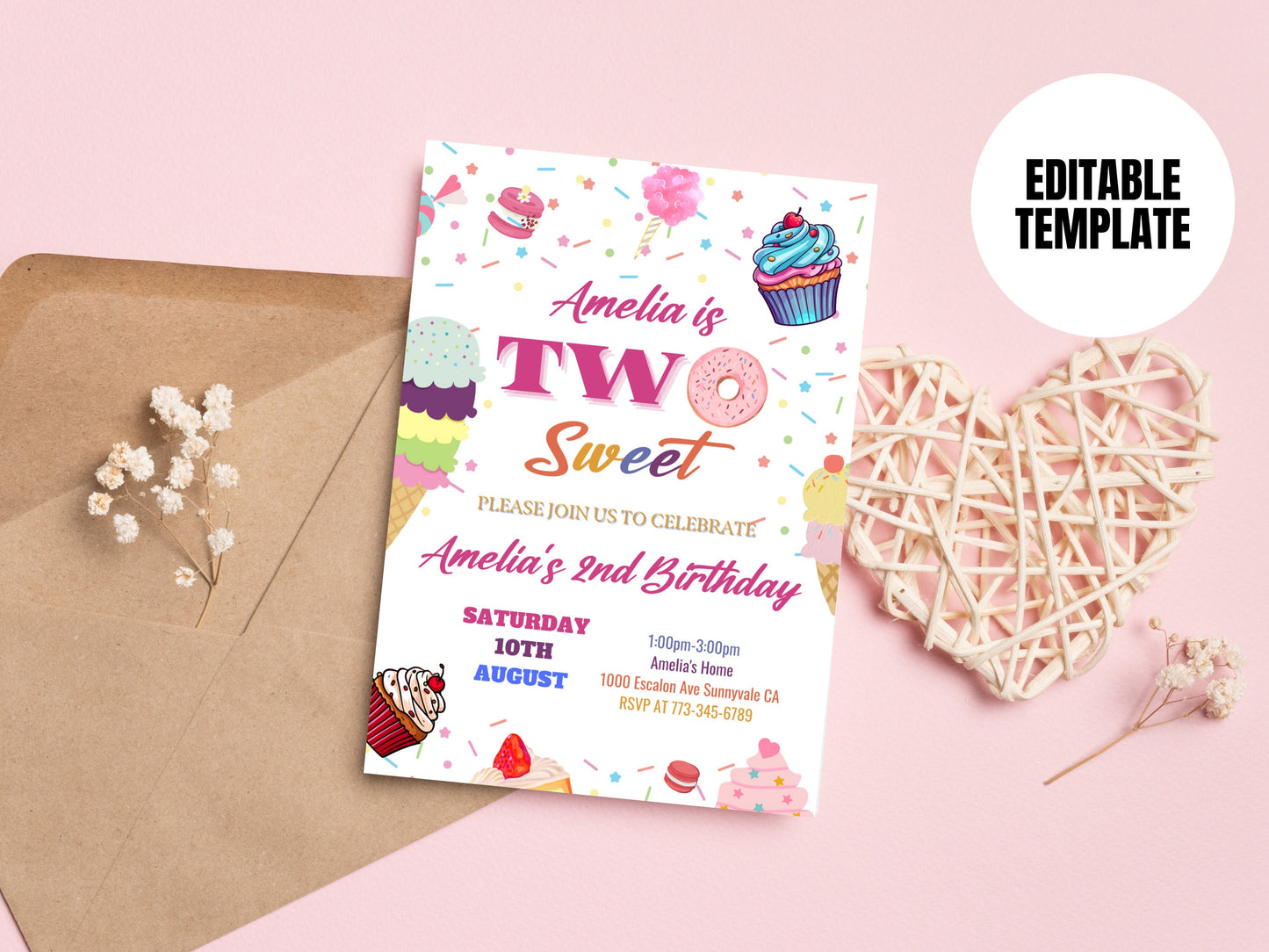 Two Sweet Birthday Invitation 2nd Birthday Girl Donut Invitation Blush Pink Two Year Dessert Invite Download Printable Editable