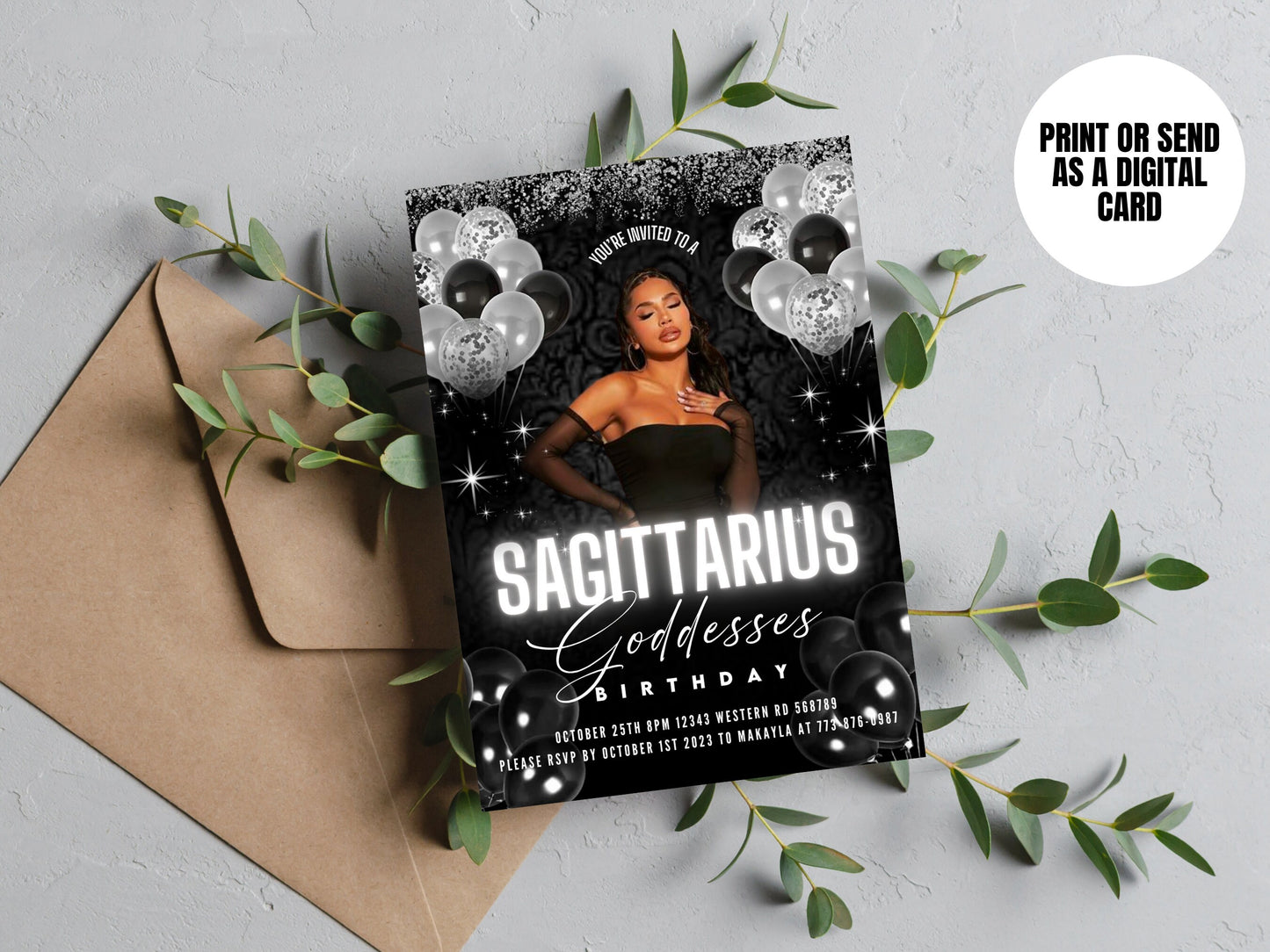 Sagittarius Season Black | Zodiac Horoscope Birthday Party Invitation | Canva Template | Fully Editable Printable or Digital Invite |
