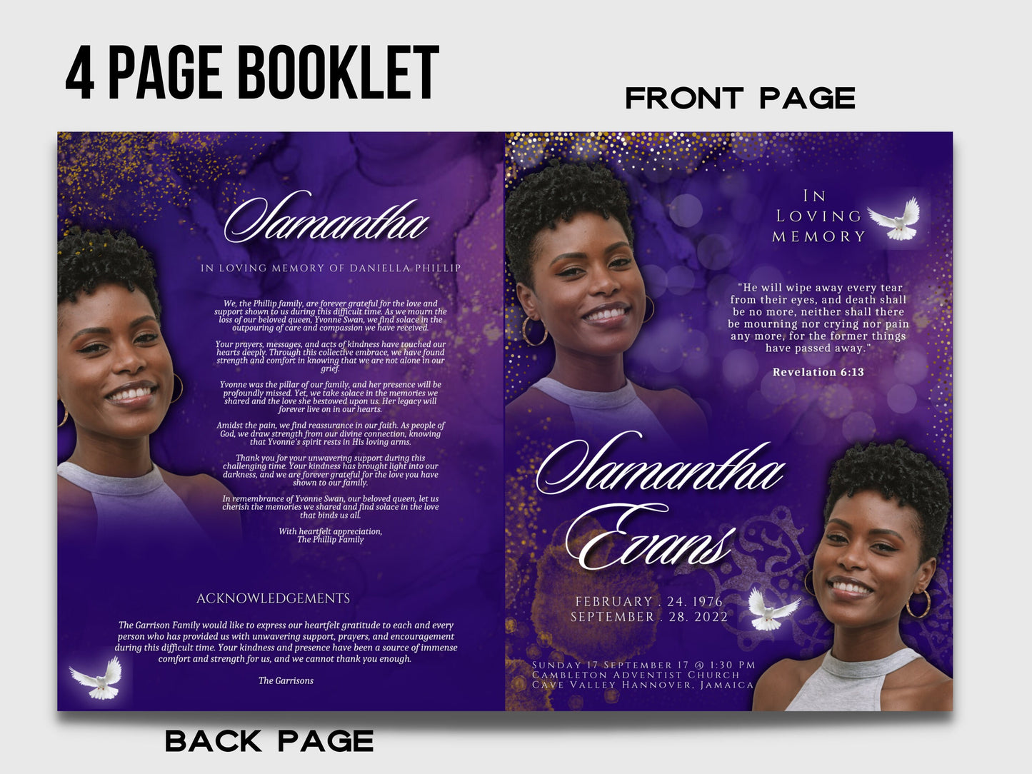 Purple Keepsake Booklet (4 pages) |Elegant Gold Funeral Program | Celebration of life  |Women purple gold Program |Canva Template