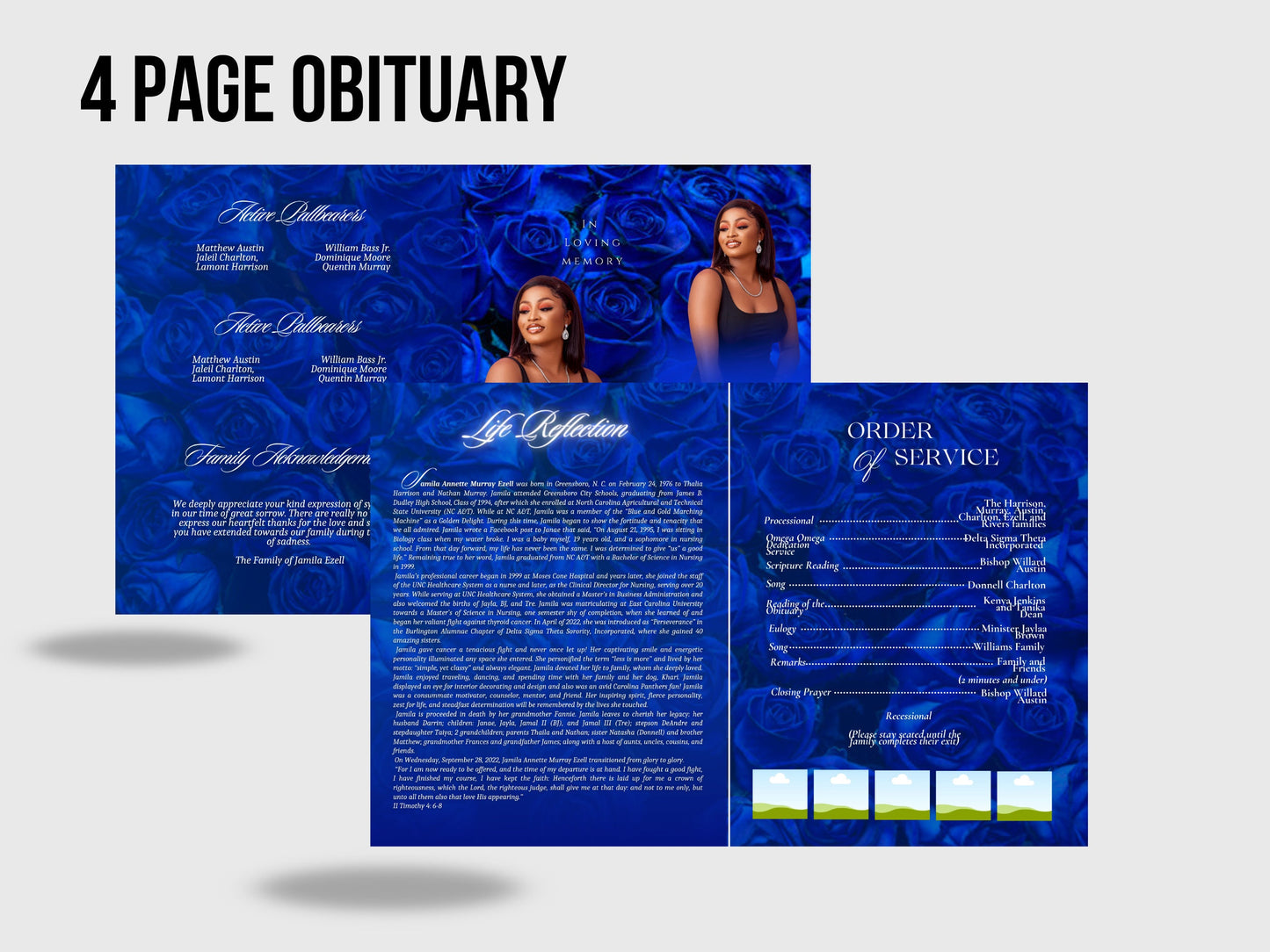 8.5"x11" BOOKLET Memorial program (4 pages) | Blue Sparkle Funeral Program |Celebration of Life |Keepsake |Digital Download |Canva Template