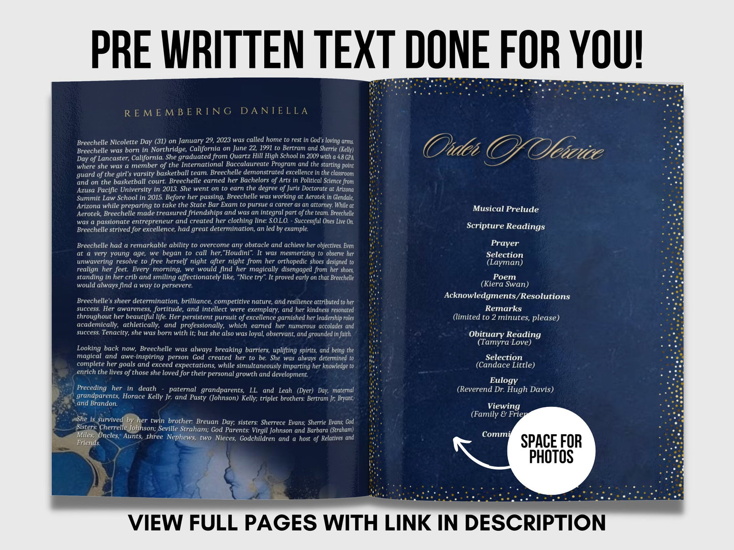 8.5"x11" BOOKLET Memorial program (4 pages) |BLUE Funeral Program |Celebration of Life |Keepsake |Digital Download |Canva Template