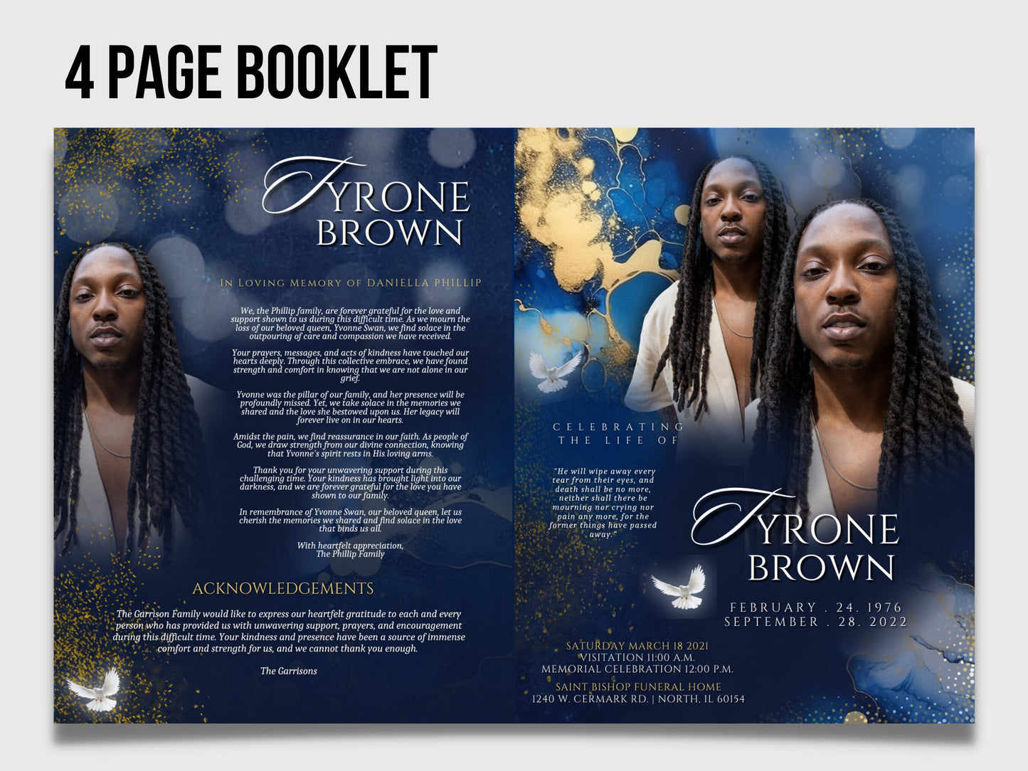 8.5"x11" BOOKLET Memorial program (4 pages) |BLUE Funeral Program |Celebration of Life |Keepsake |Digital Download |Canva Template