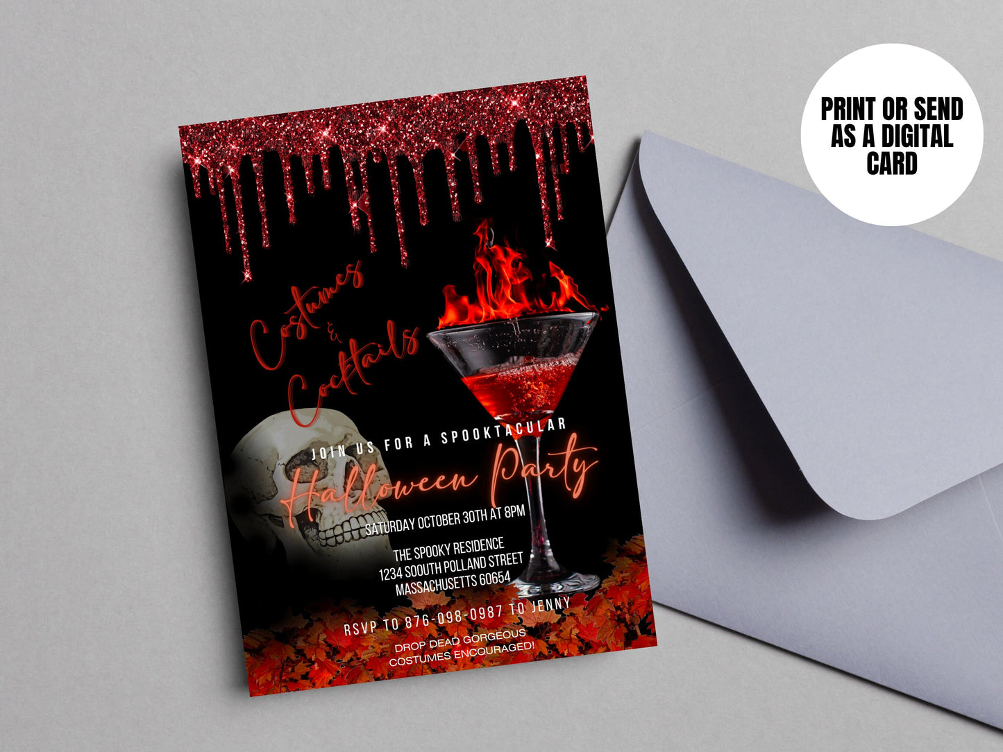 Editable Costumes and Cocktails Halloween Party Invitation, Printable Adult Party Neon Invite, Digital Skull Canva Template,Instant DOWNLOAD