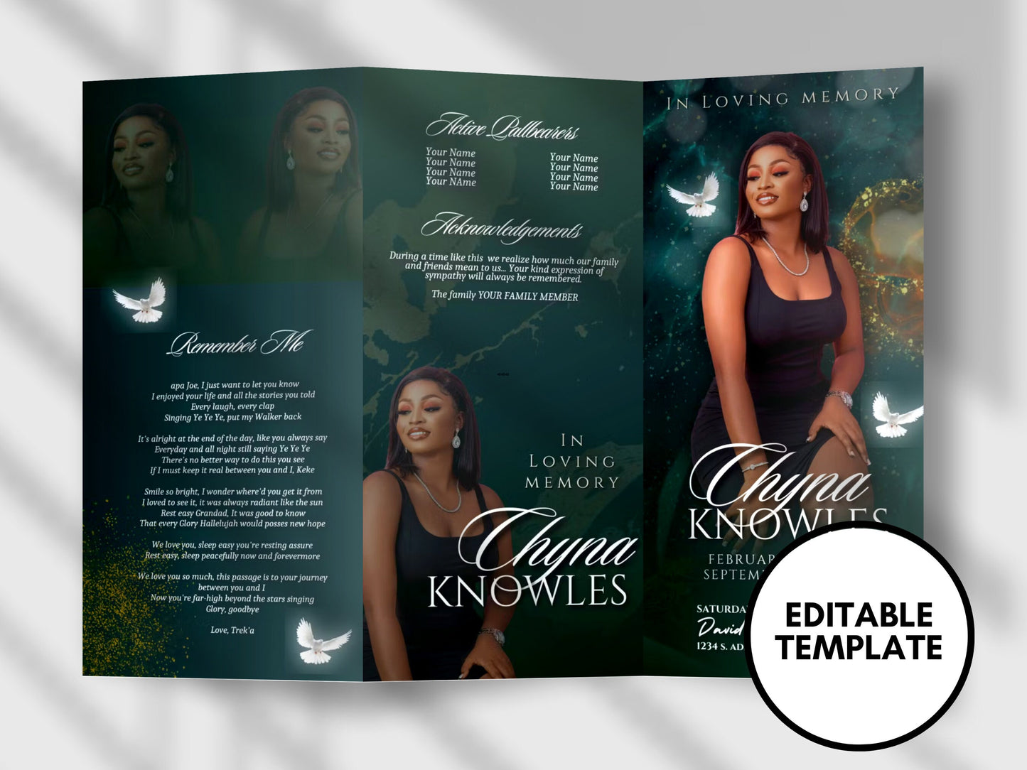 17"x11" FUNERAL PHAMPLET (2 pages) |Emerald Green | In Loving Memory |Classy Obituary | Editable Canva Template