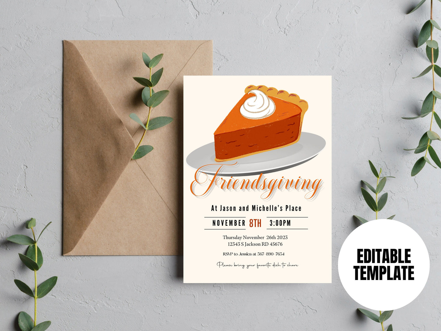 Friendsgiving Invitation - Pumpkin Pie Watercolor Boho Thanksgiving Invite 5x7" Editable Template Instant Download PDF, JPG, png