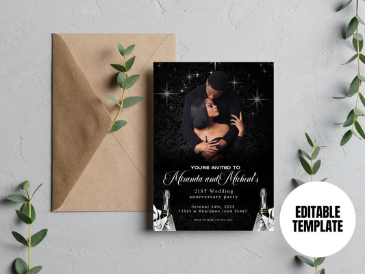 21st Wedding Anniversary Invitation, Black and White 21st Anniversary Party Invite with Silver Editable Template