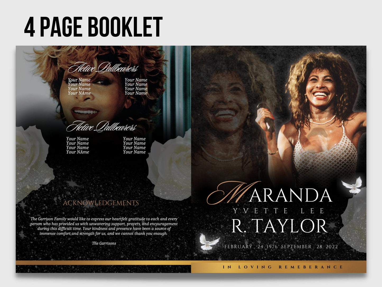 Funeral Memorial Booklet (8 pages) |Elegant Style Funeral Program | In Loving Memory  |Women Black gold Program |Canva Template