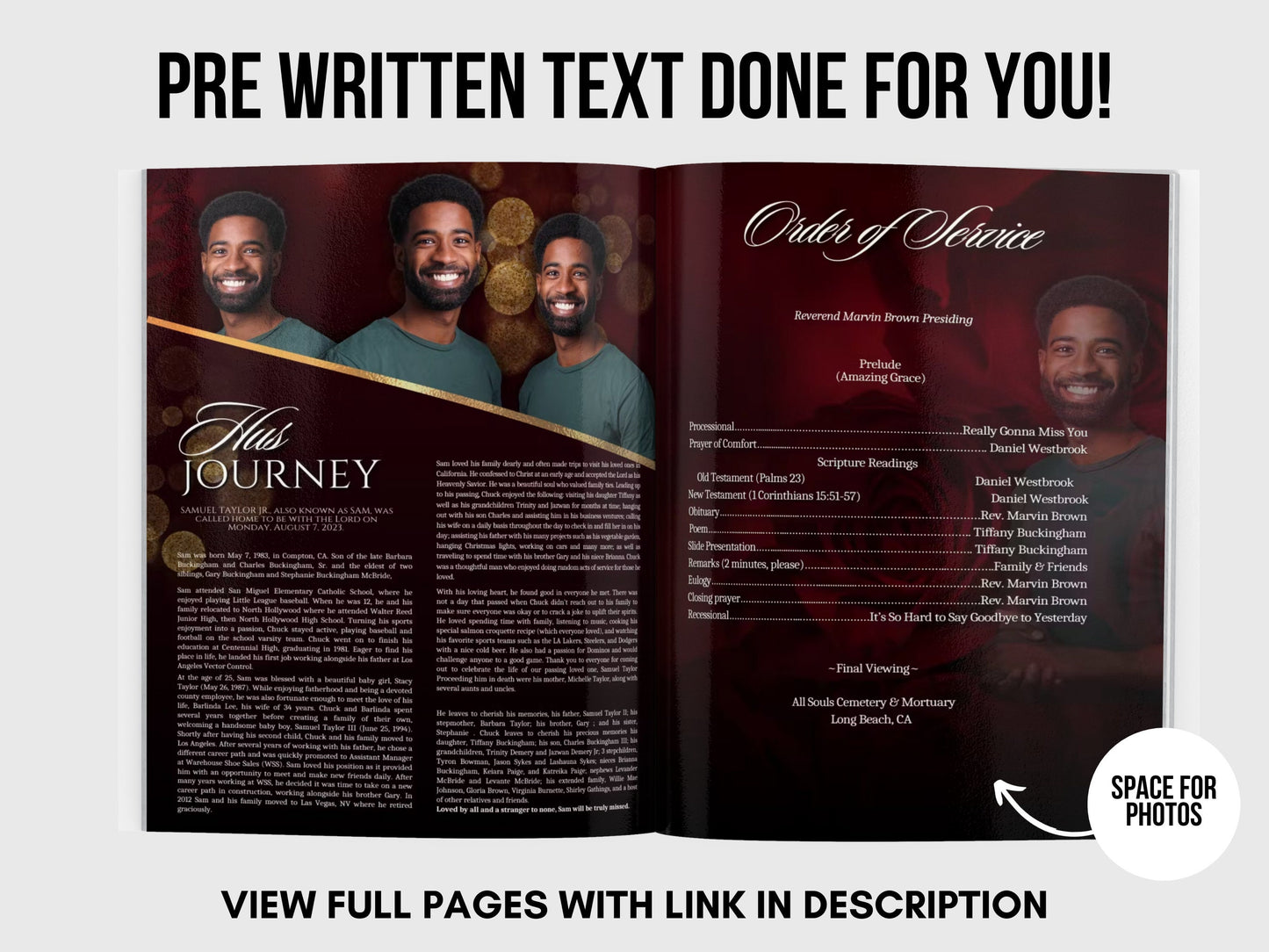 Red & Gold Memorial program (8 pages)| Mens Red Funeral Program |Celebration of Life |Keepsake |Digital Download |Canva Template