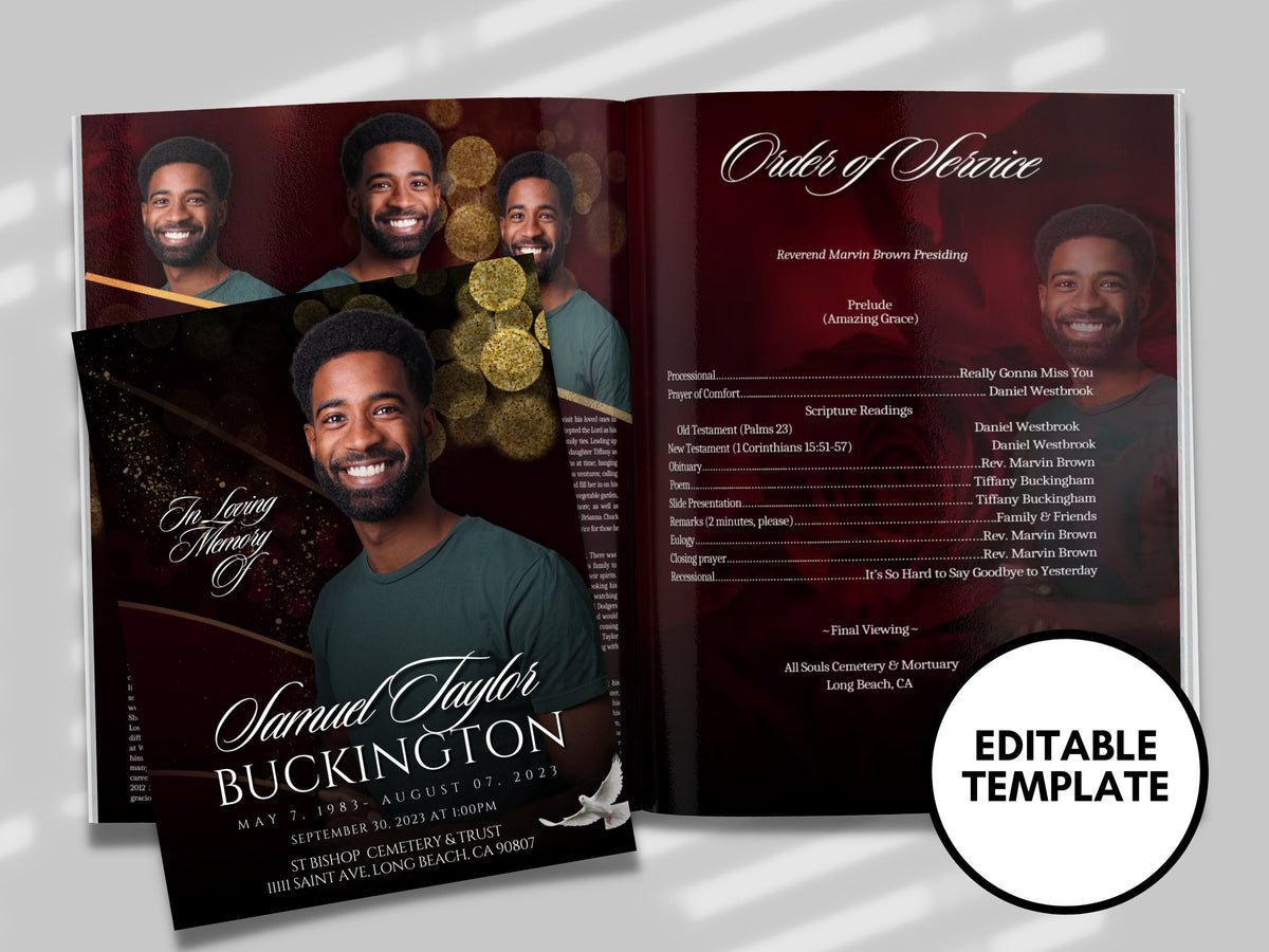 Red Program Designs Red & Gold Memorial program (8 pages)| Mens Red Funeral Program |Celeb ...