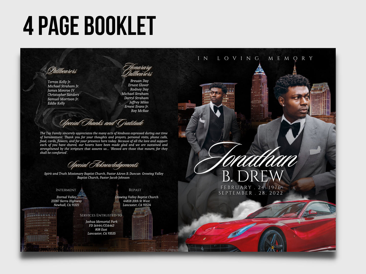 Red City Luxury Funeral Booklet (4 pages) |Classy Black Funeral Program | In Loving Memory  |Forever In Our Hearts |Canva Template