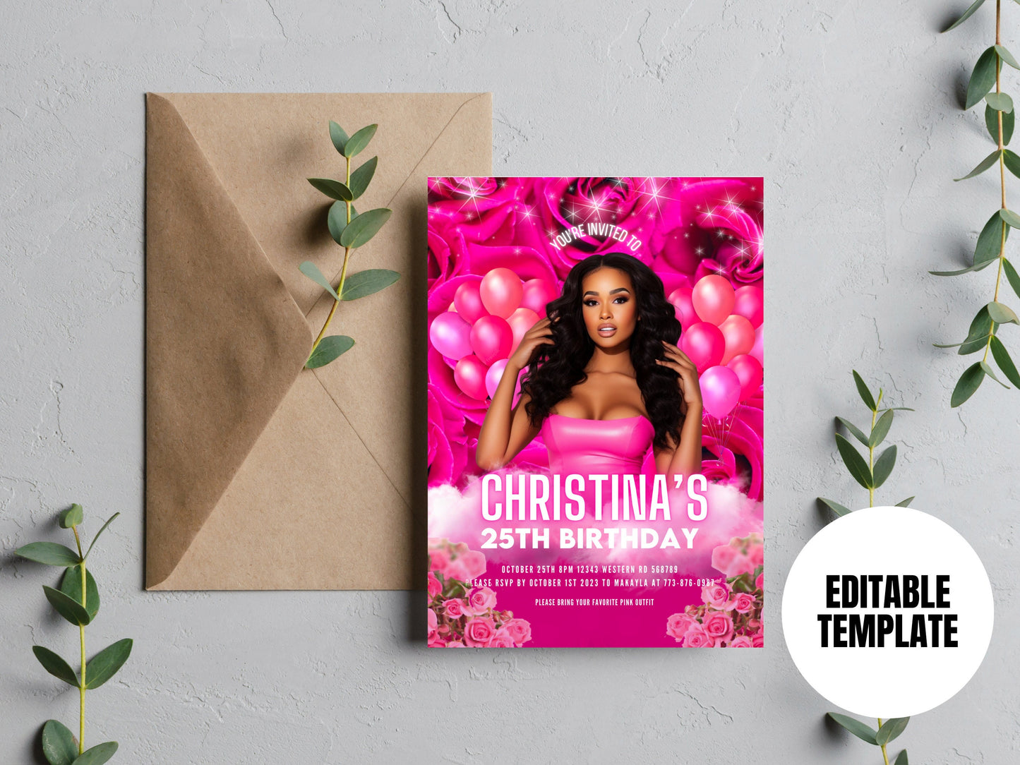 25th Birthday Invitation Editable 25th Invite pink neon white Invitation, Balloons, For Him or Her Instant Download Printable, ANY AGE