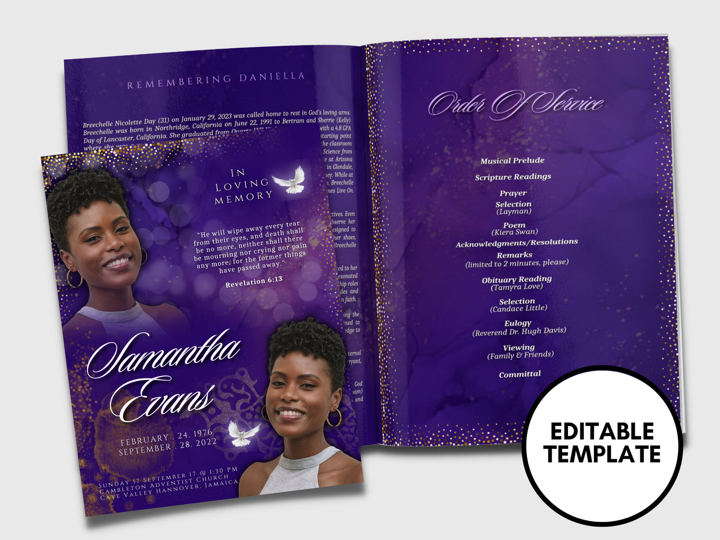 Purple Keepsake Booklet (4 pages) |Elegant Gold Funeral Program | Celebration of life  |Women purple gold Program |Canva Template