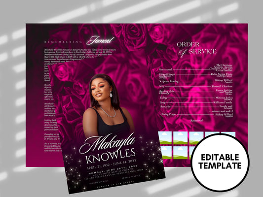 8.5"x 11" PINK Obituary Template (4 pages) |Dark Pink Style Funeral Program | Celebration of Life |Women Pink Rose Obituary |Canva Template