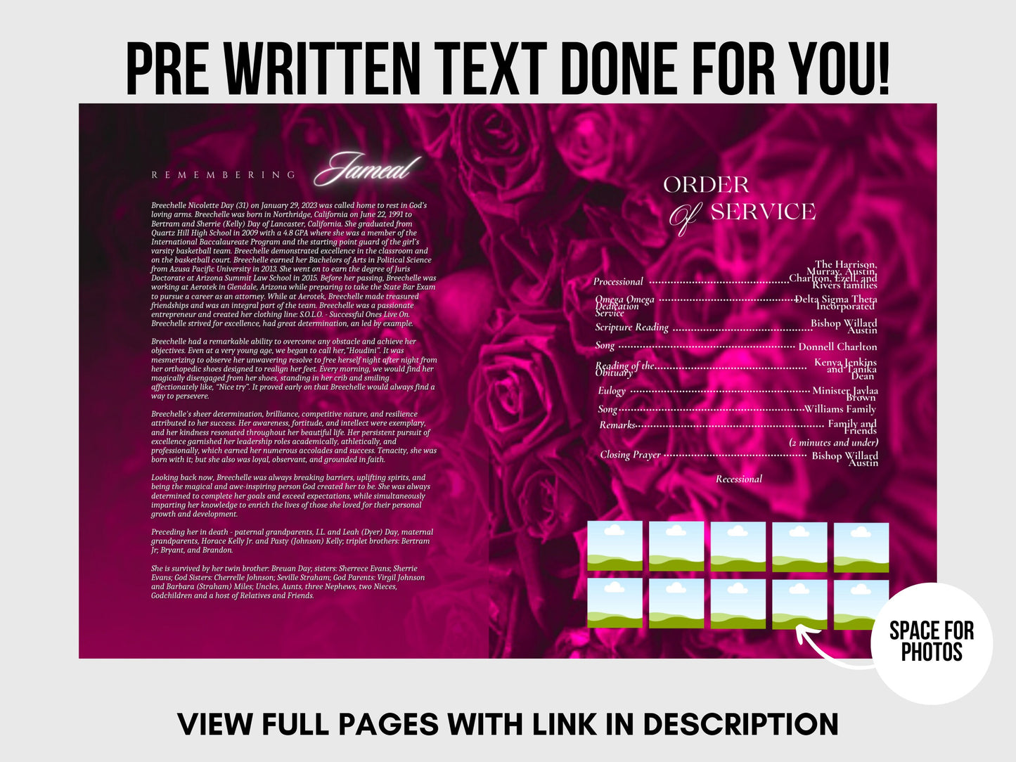 8.5"x 11" PINK Obituary Template (4 pages) |Dark Pink Style Funeral Program | Celebration of Life |Women Pink Rose Obituary |Canva Template