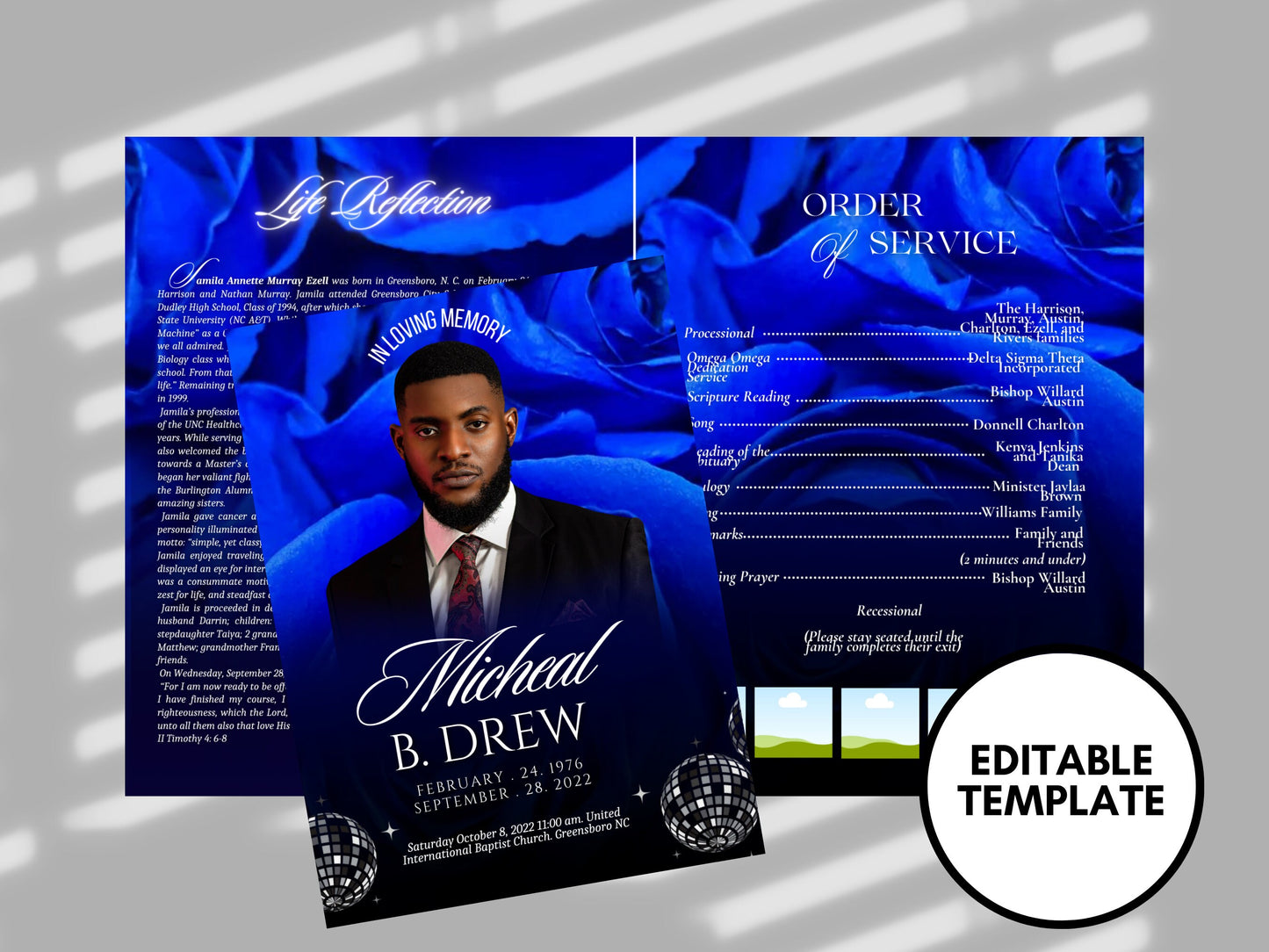8.5"x 11" BLUE OBITUARY BOOOKLET (4 pages) |Elegant Style Funeral Program | Celebration of Life | Blue Rose Obituary |Canva Template