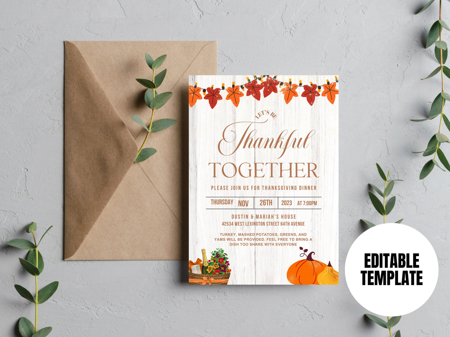 Thanksgiving Invitation, Digital Thanksgiving Invite, Casual Thanksgiving Invitation, Potluck, Thankful, Together, DIY Printable Canva