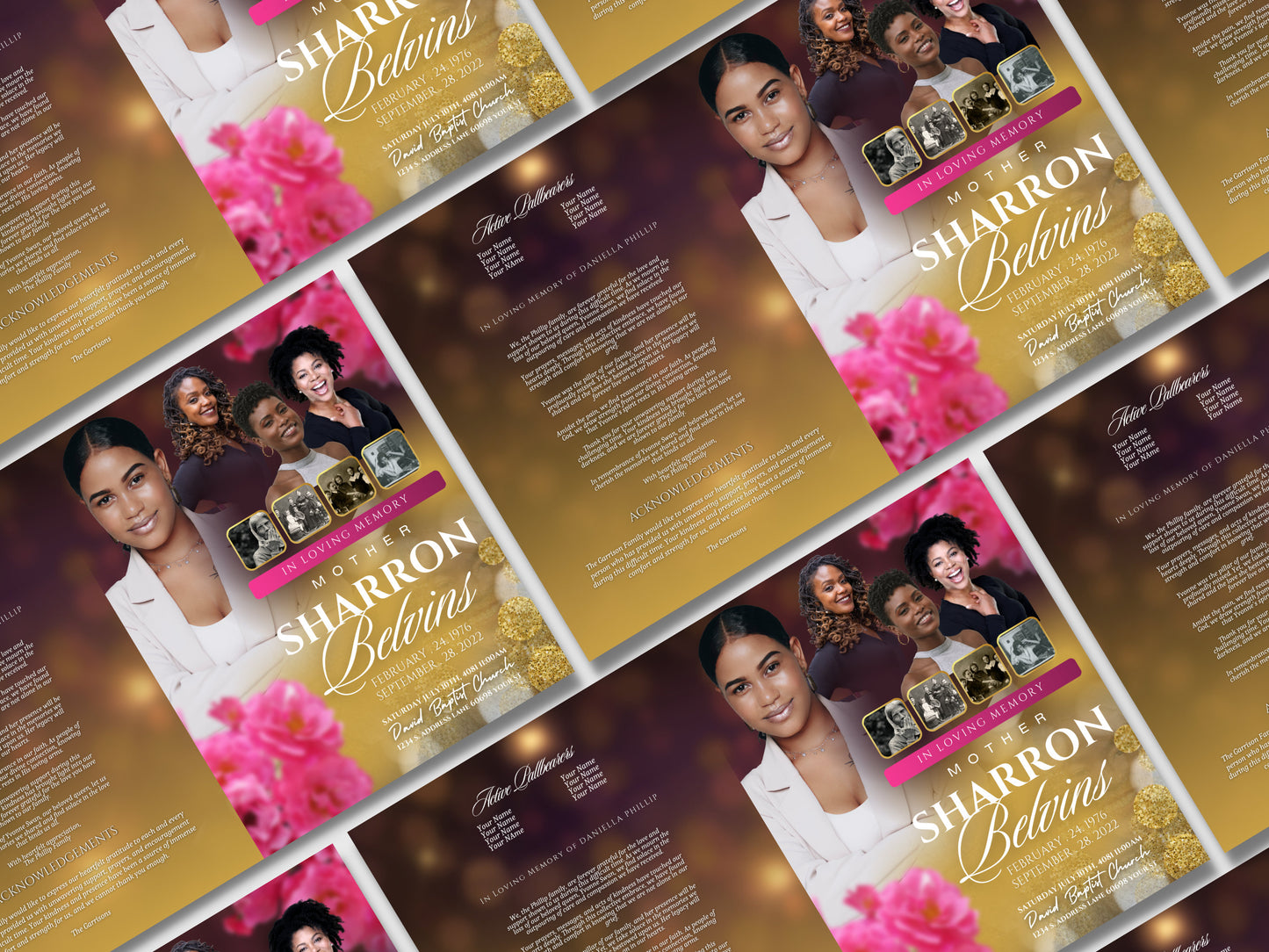 Purple & Yellow Bokeh OBITUARY TEMPLATE (4 pages) |Elegant Funeral Program | Celebration of Life |Layered Union Obituary |Canva Template