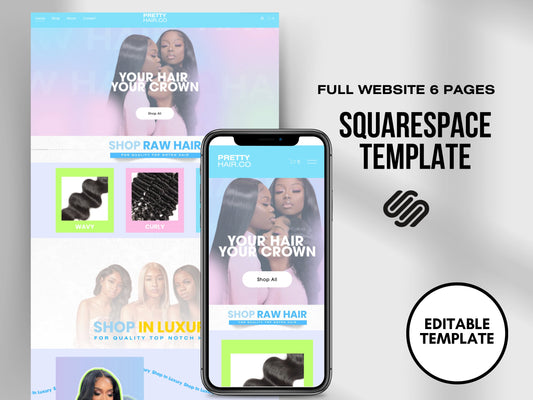 VIBRANT Blue & Pink Hair Bundles Squarespace Website Template, Customizable Website Template Squarespace, D.I.Y Website, Squarespace Design