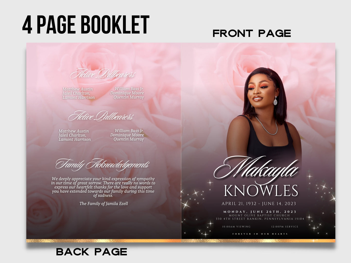 8.5"x 11" LIGHT PINK Obituary Template (4 pages)  Pink Style Funeral Program | Celebration of Life |Women Pink Rose Obituary |Canva Template
