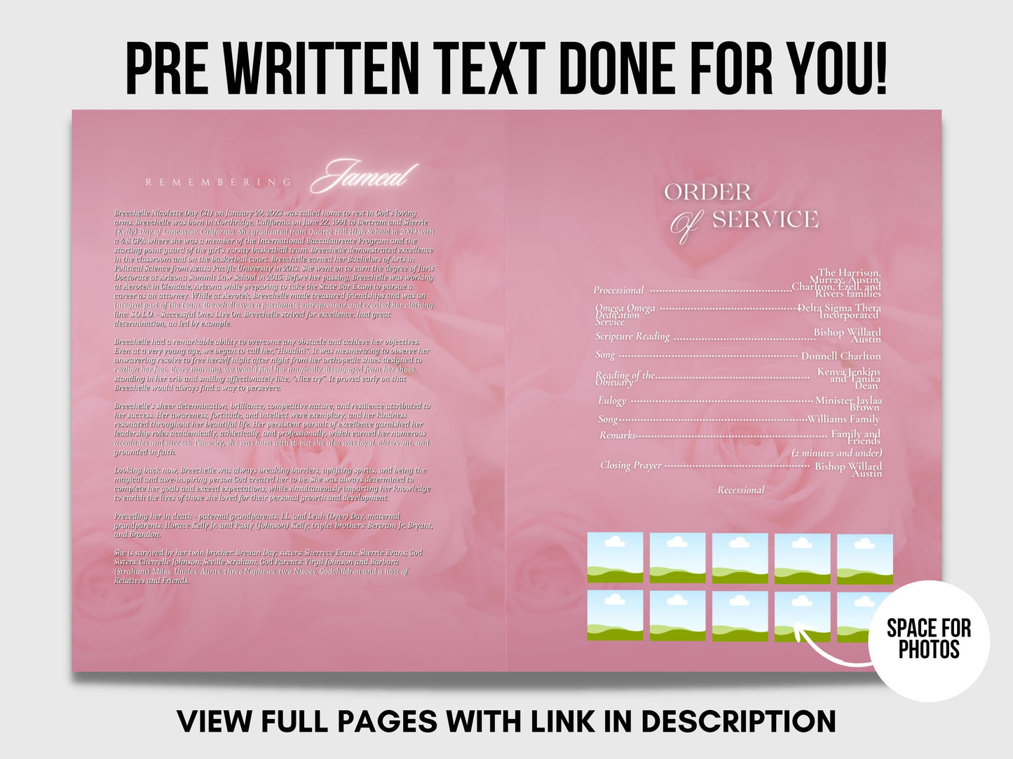 8.5"x 11" LIGHT PINK Obituary Template (4 pages)  Pink Style Funeral Program | Celebration of Life |Women Pink Rose Obituary |Canva Template