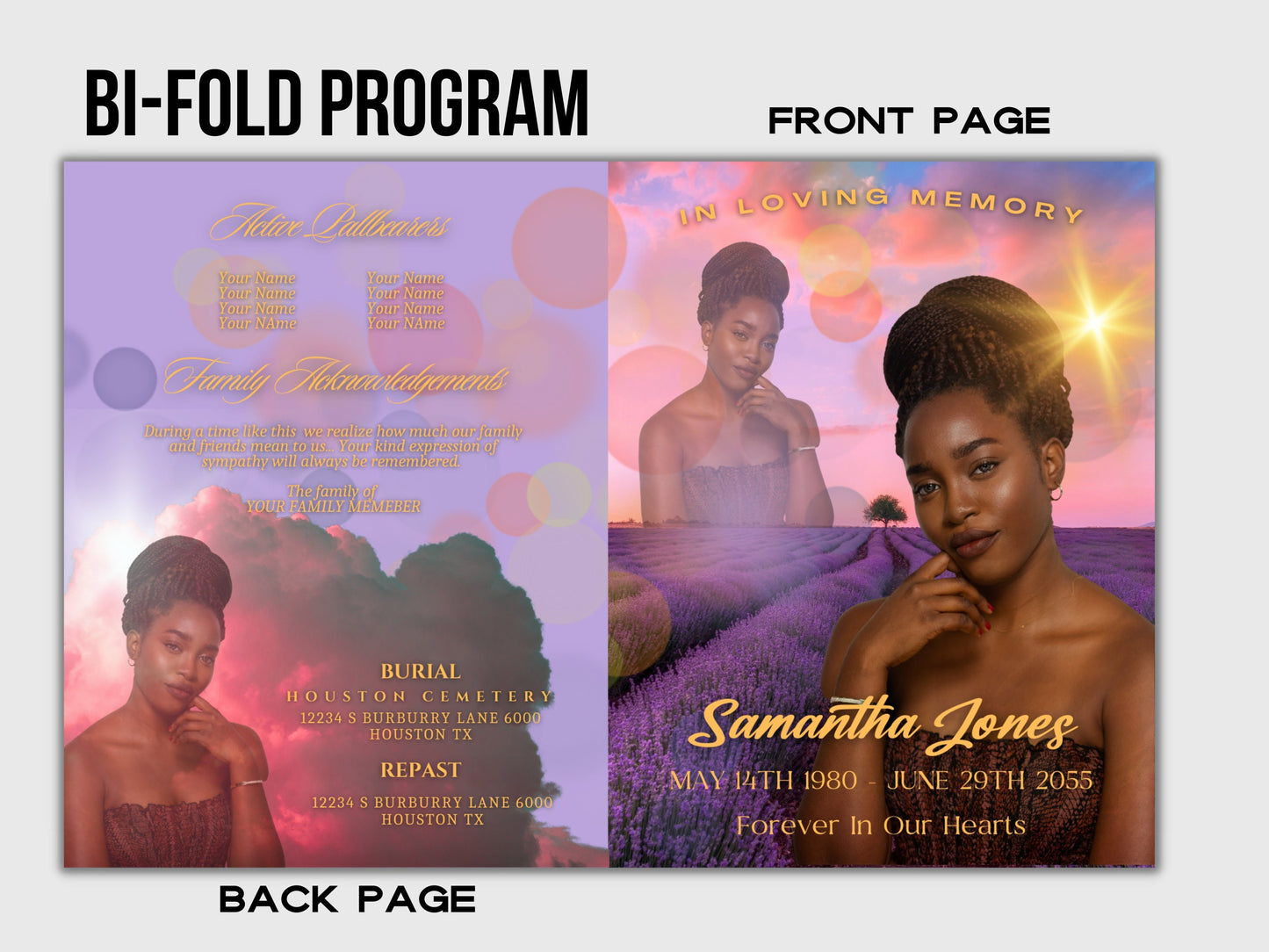 Women's Flowers Memorial Booklet (4 pages)| PURPLE Style Funeral Program |Celebration of Life |Keepsake |Digital Download |Canva Template