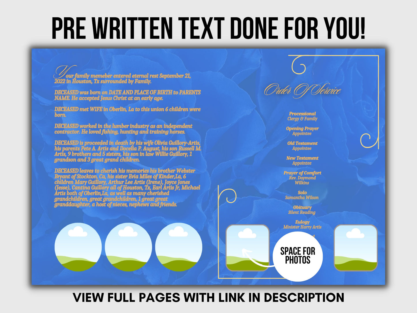 Blue Unisex Rose Memorial Booklet (4 pages)| White Style Program |Celebration of Life |Keepsake |Digital Download |Canva Template