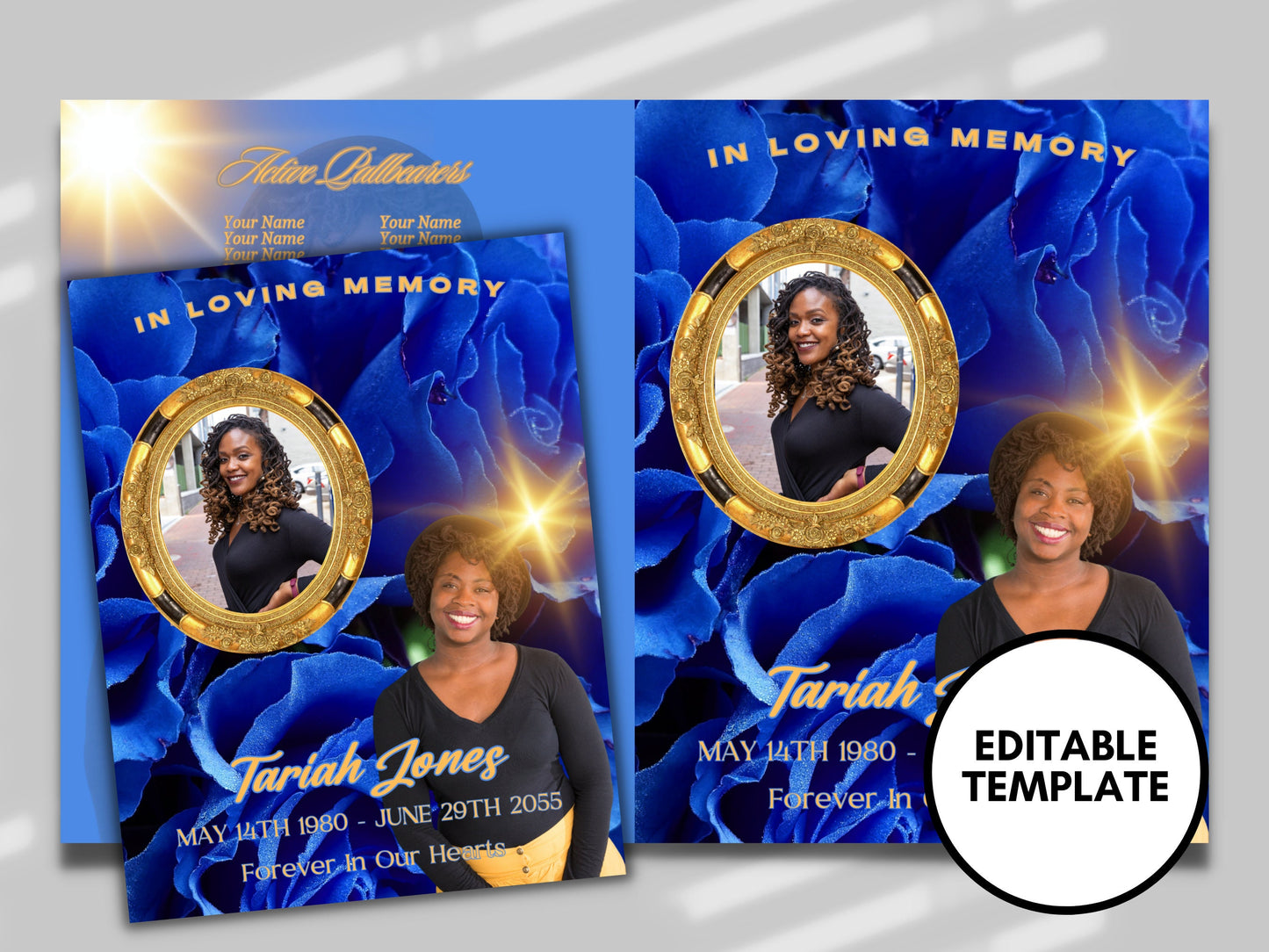 Blue Unisex Rose Memorial Booklet (4 pages)| White Style Program |Celebration of Life |Keepsake |Digital Download |Canva Template
