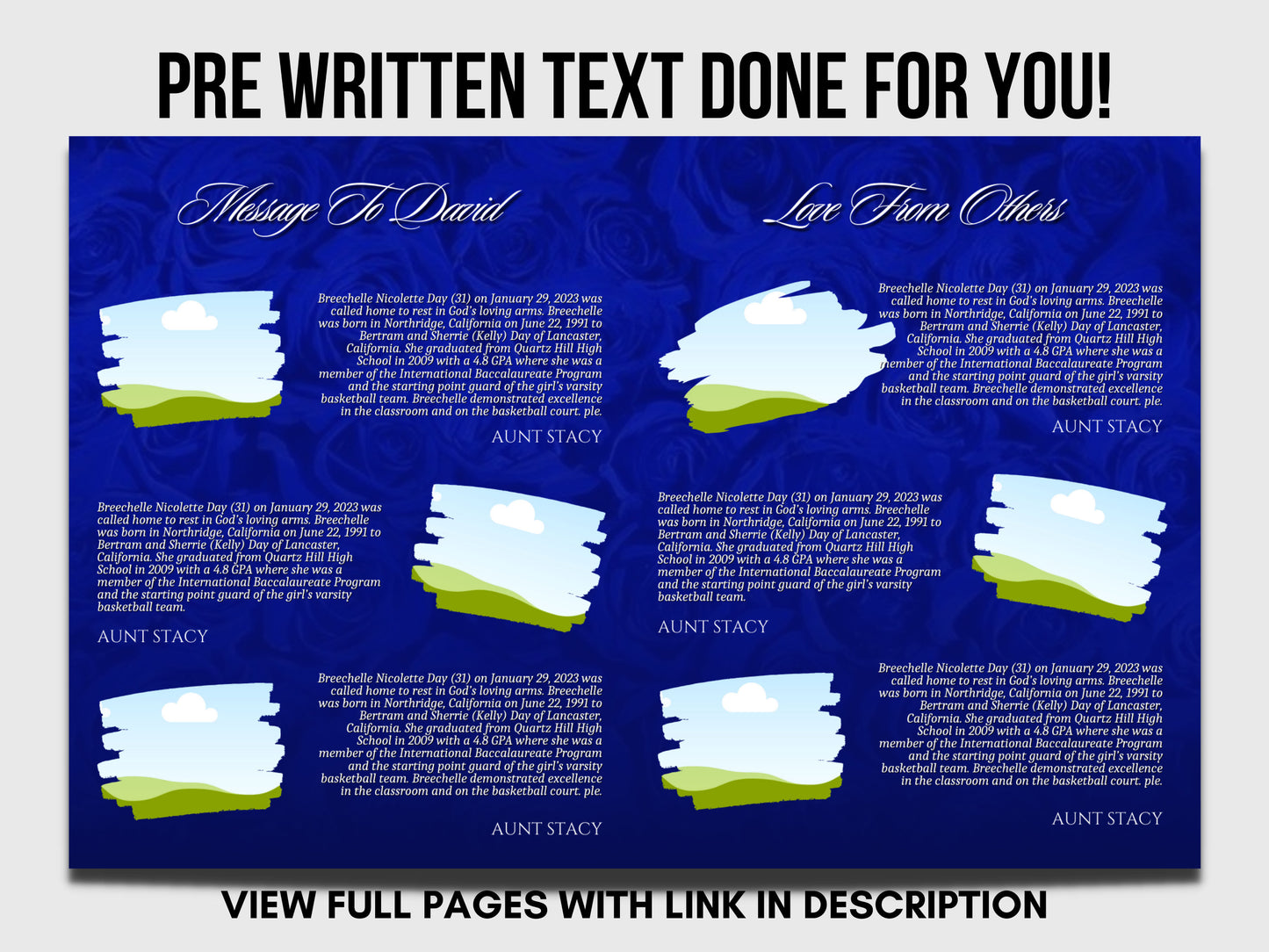 BLUE ,GOLD ROSE Memorial program (8 pages) | Cloud Funeral Program |Celebration of Life |Keepsake |Digital Download |Canva Template