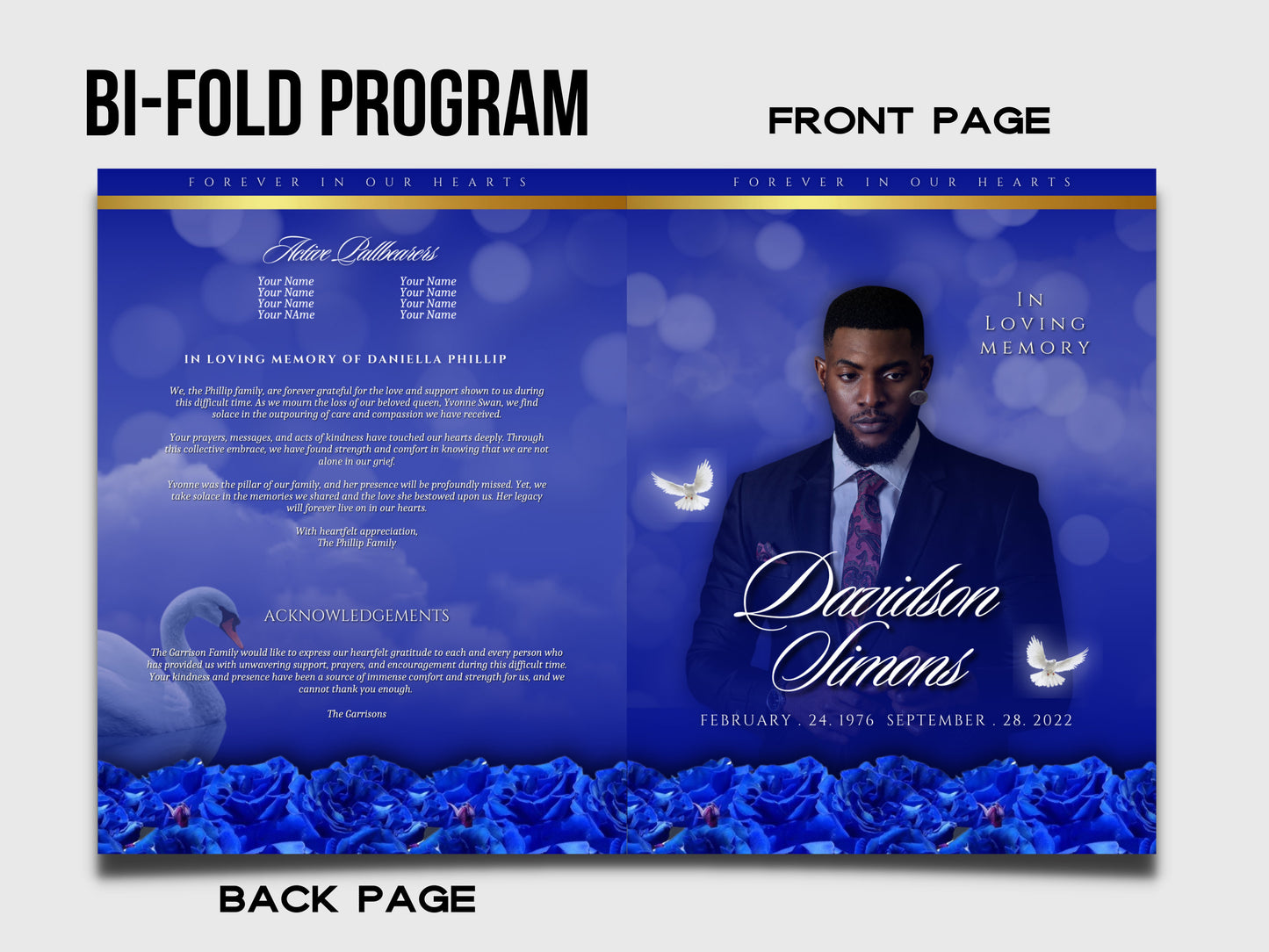 BLUE ,GOLD ROSE Memorial program (8 pages) | Cloud Funeral Program |Celebration of Life |Keepsake |Digital Download |Canva Template