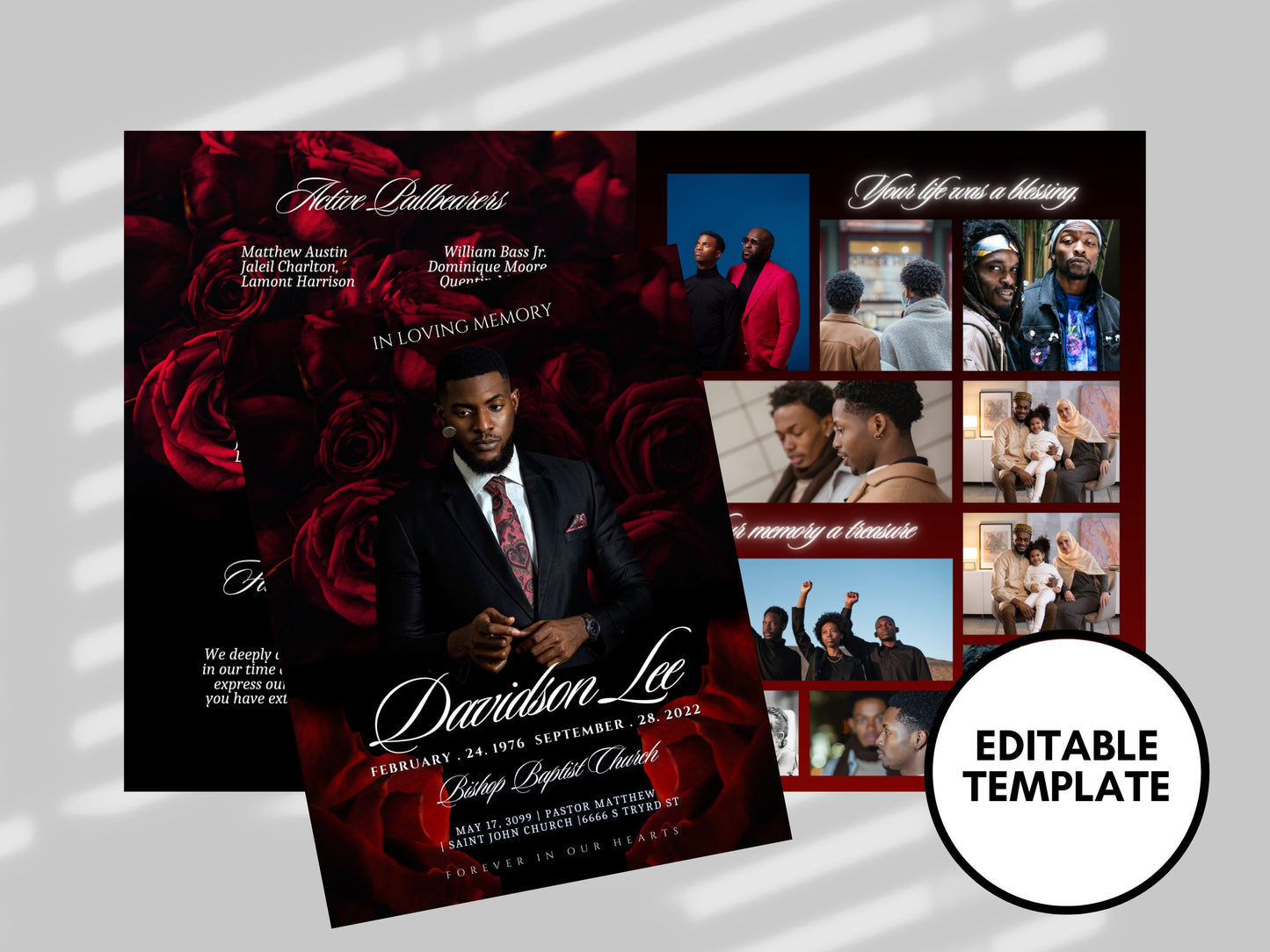 8.5"x11" BOOKLET Memorial program (8 pages) |RED ROSE Style Funeral Program |Celebration of Life |Keepsake |Digital Download |Canva Template