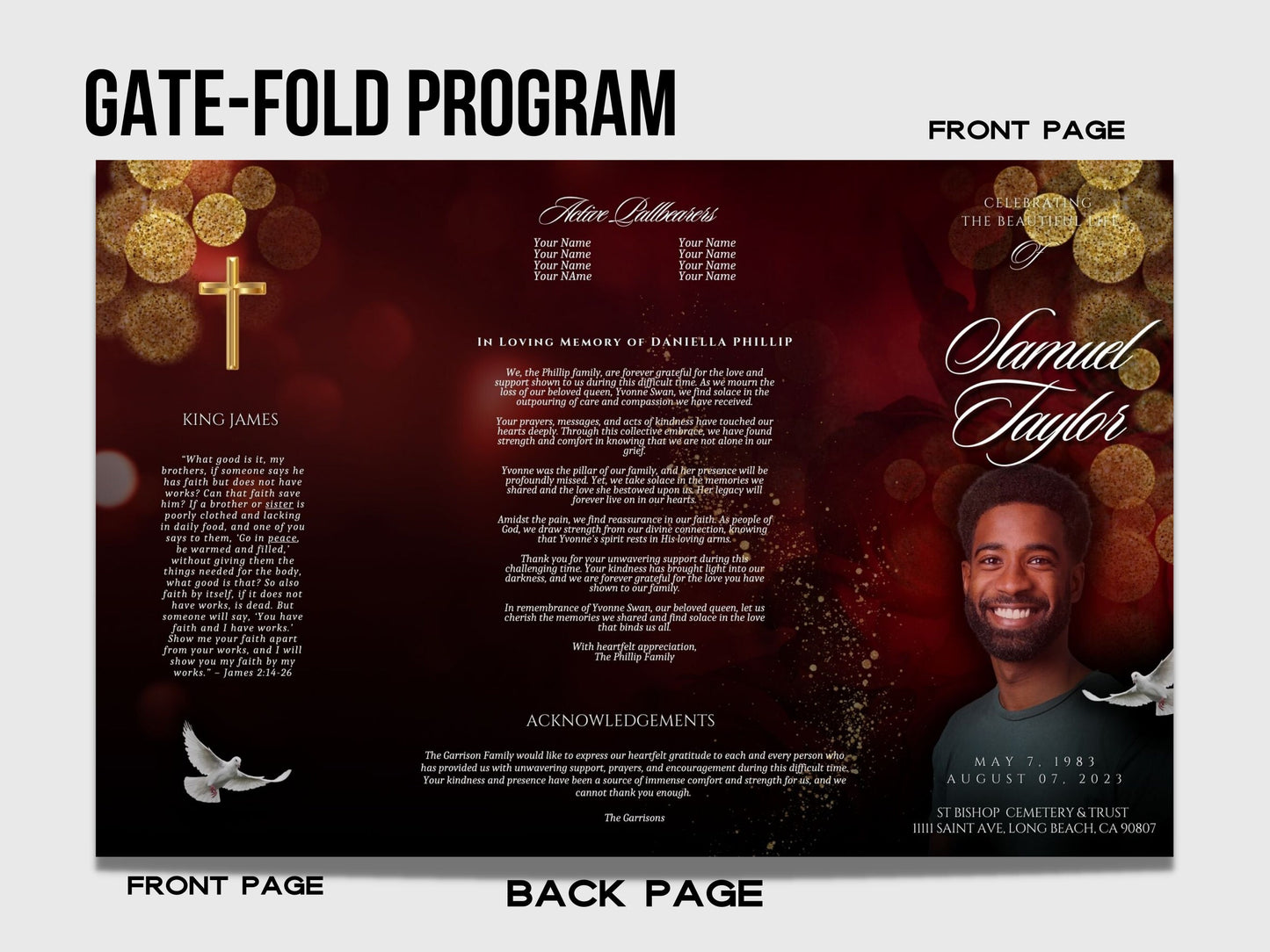 RED GATEFOLD  Memorial program| Red And Gold Custom Funeral Program |Celebration of Life |Keepsake |Digital Download |Canva Template