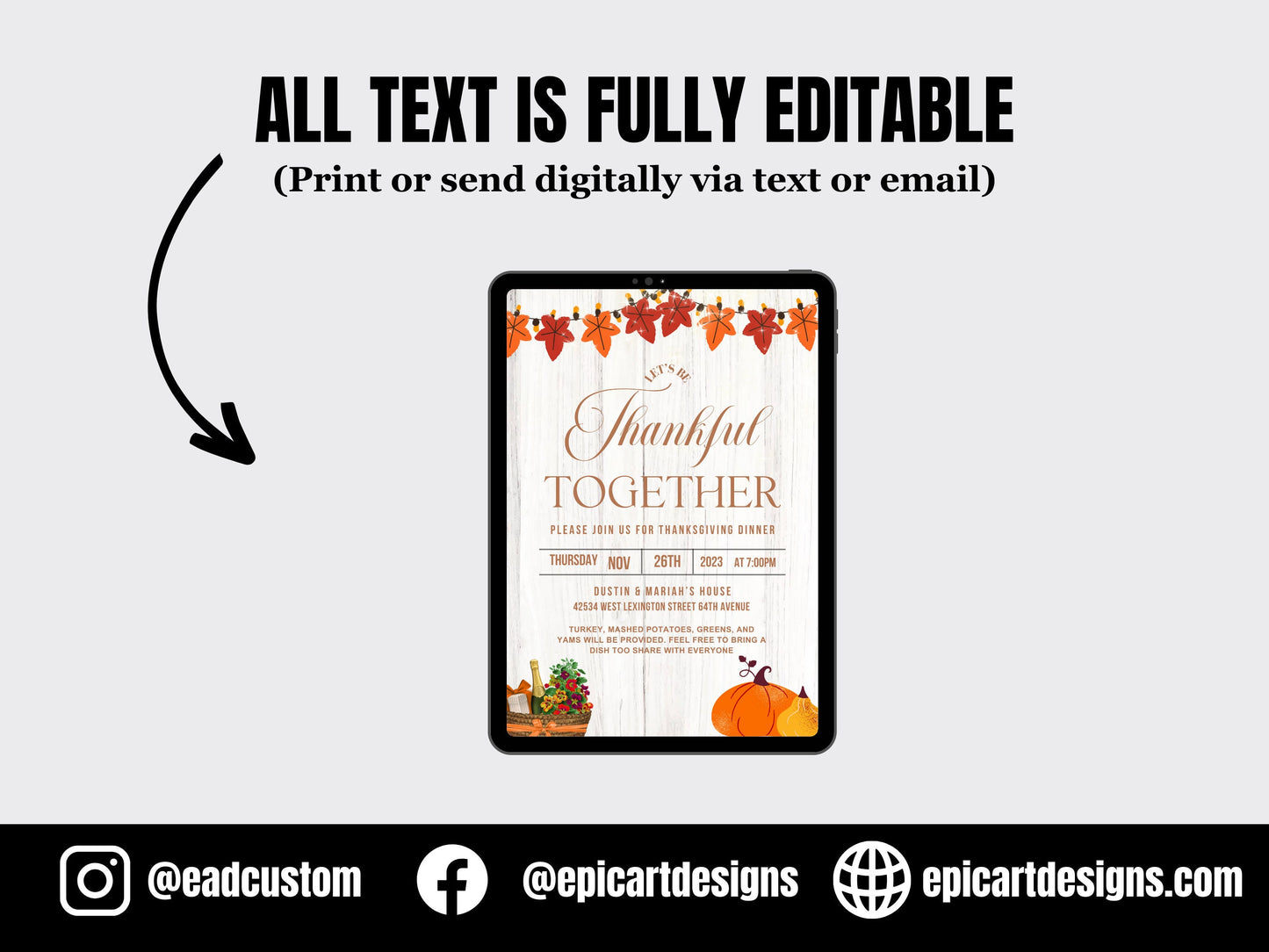 Thanksgiving Invitation, Digital Thanksgiving Invite, Casual Thanksgiving Invitation, Potluck, Thankful, Together, DIY Printable Canva