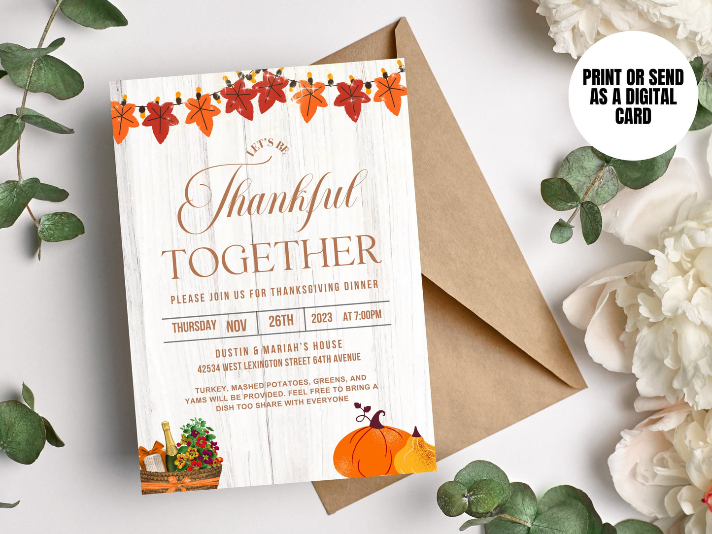 Thanksgiving Invitation, Digital Thanksgiving Invite, Casual Thanksgiving Invitation, Potluck, Thankful, Together, DIY Printable Canva