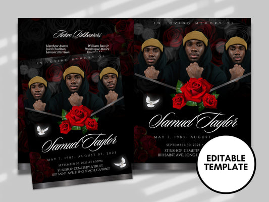 Red Rose 8.5"x11" BOOKLET Memorial program (4 pages) | Custom Style Funeral Program |Celebration of Life |Keepsake |Digital Download |