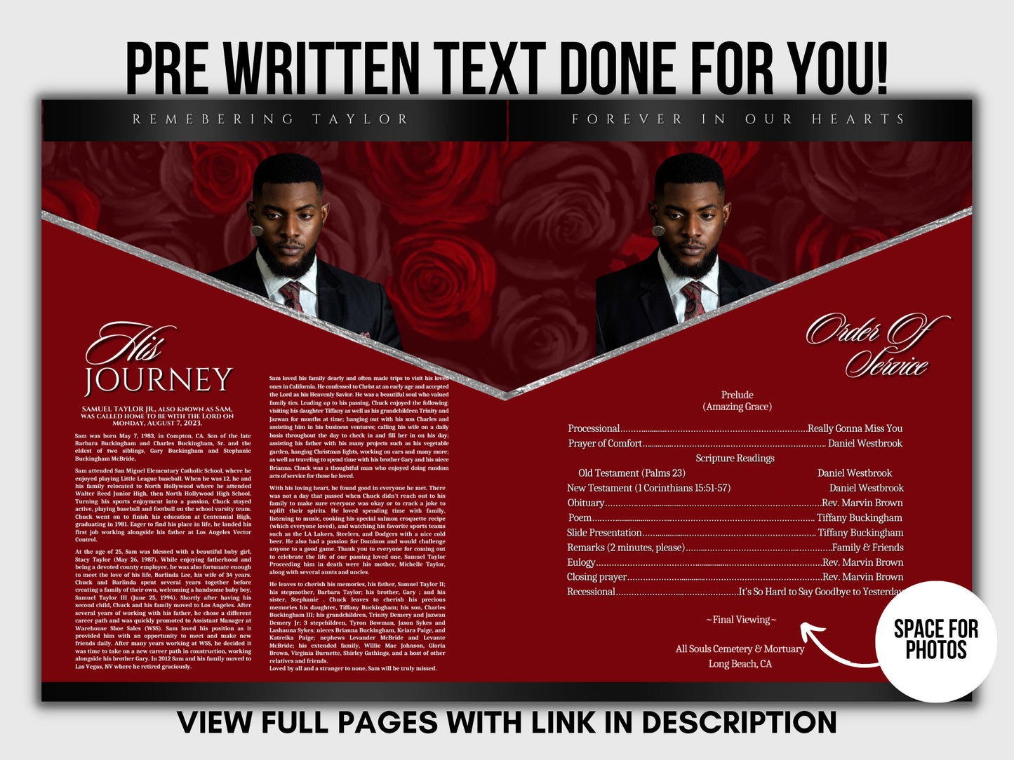 8.5"x 11"  RED AND SILVER Dramatic Obituary Template (4 pages)  In loving memory Red Rose Style Funeral Program |Celebration of Life | Canva