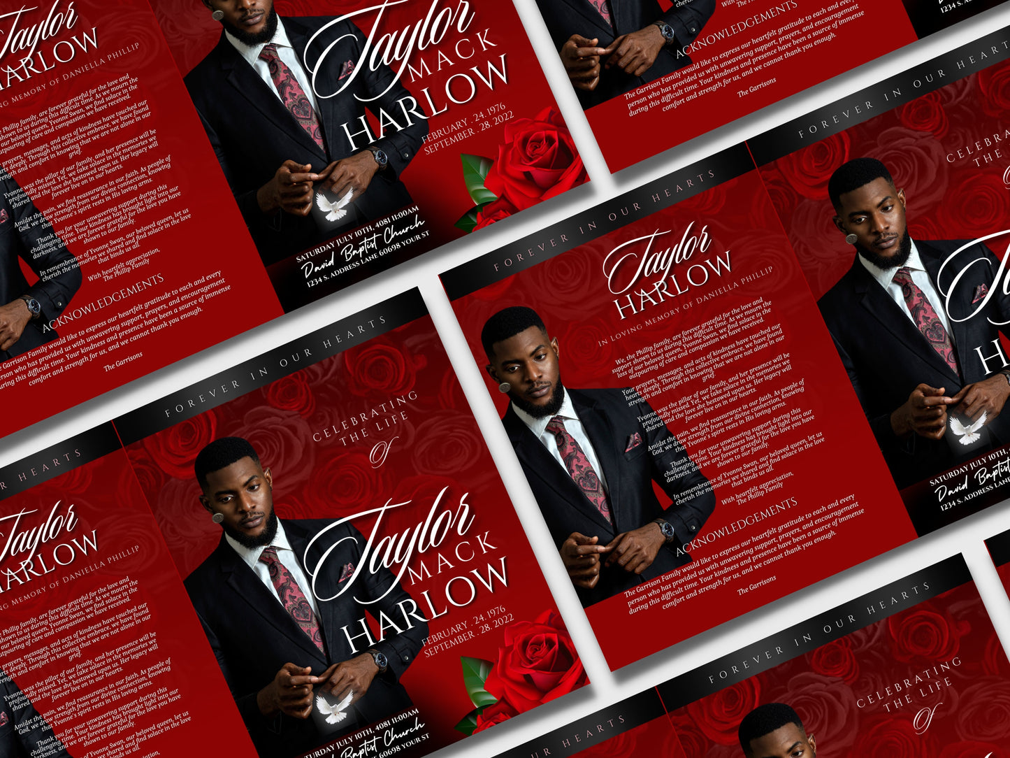8.5"x 11"  RED AND SILVER Dramatic Obituary Template (4 pages)  In loving memory Red Rose Style Funeral Program |Celebration of Life | Canva