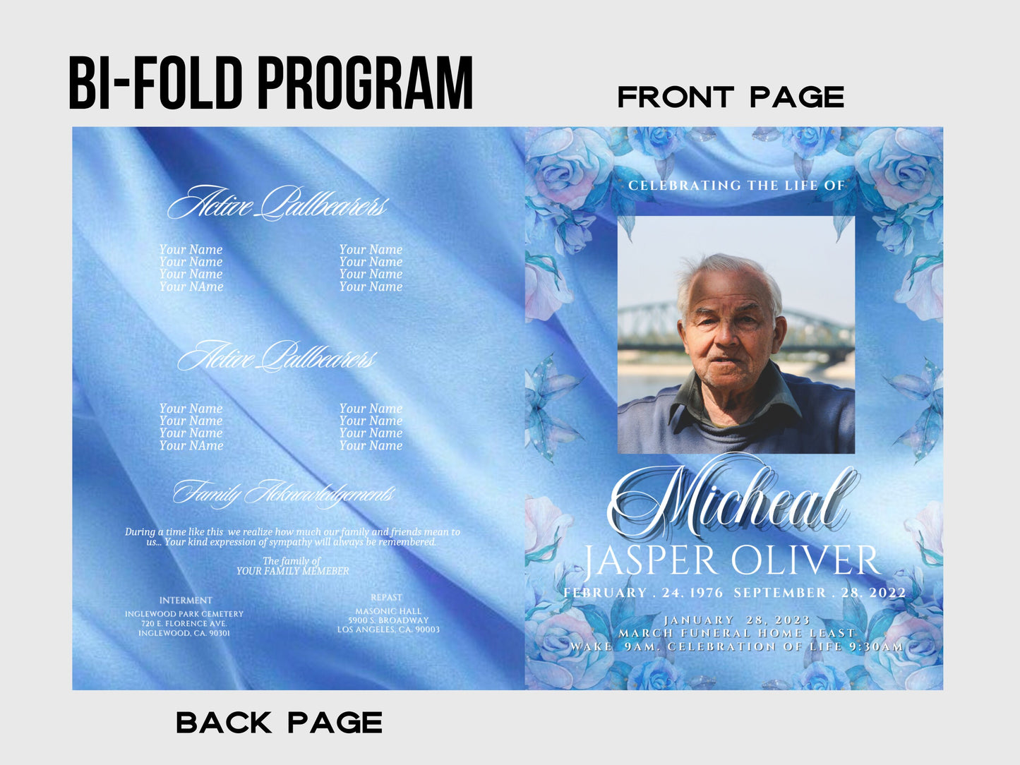 8.5"x11" BOOKLET Memorial program (4 pages) | Blue Flowers Funeral Program |Celebration of Life |Keepsake |Digital Download |Canva Template