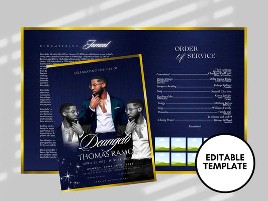 8.5"x11" BOOKLET Memorial program (4 pages)| DARK BLUE Style Funeral Program |Celebration of Life  |Digital Download |Canva Template