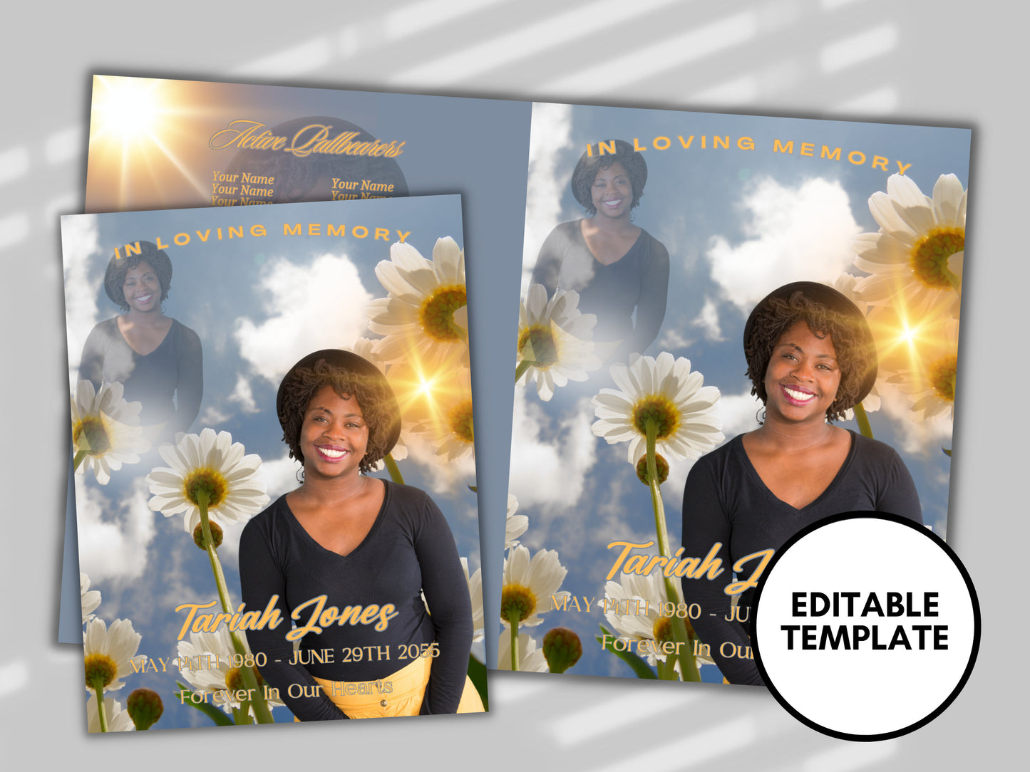 Women's Sunshine Flowers Memorial Booklet (4 pages)| White Style Program |Celebration of Life |Keepsake |Digital Download |Canva Template