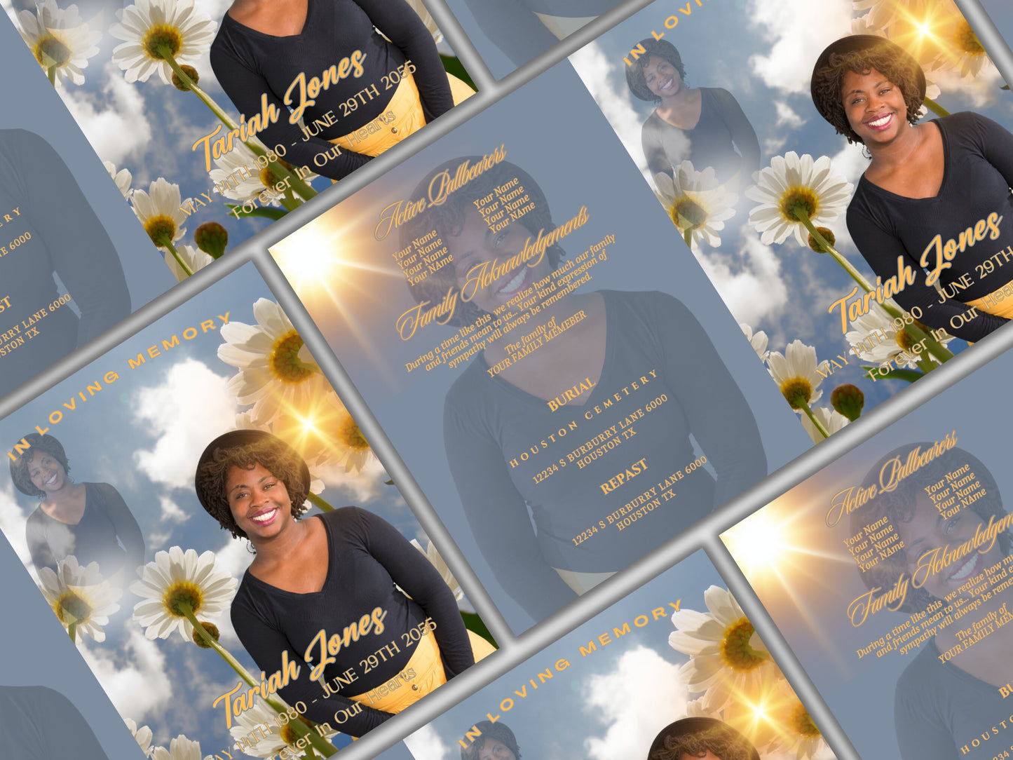 Women's Sunshine Flowers Memorial Booklet (4 pages)| White Style Program |Celebration of Life |Keepsake |Digital Download |Canva Template