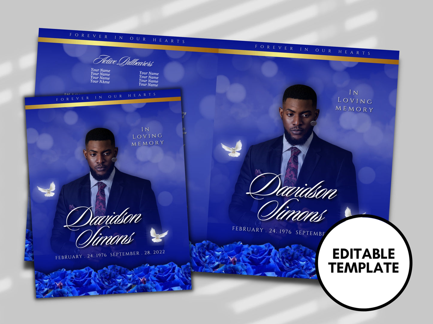 BLUE ,GOLD ROSE Memorial program (8 pages) | Cloud Funeral Program |Celebration of Life |Keepsake |Digital Download |Canva Template
